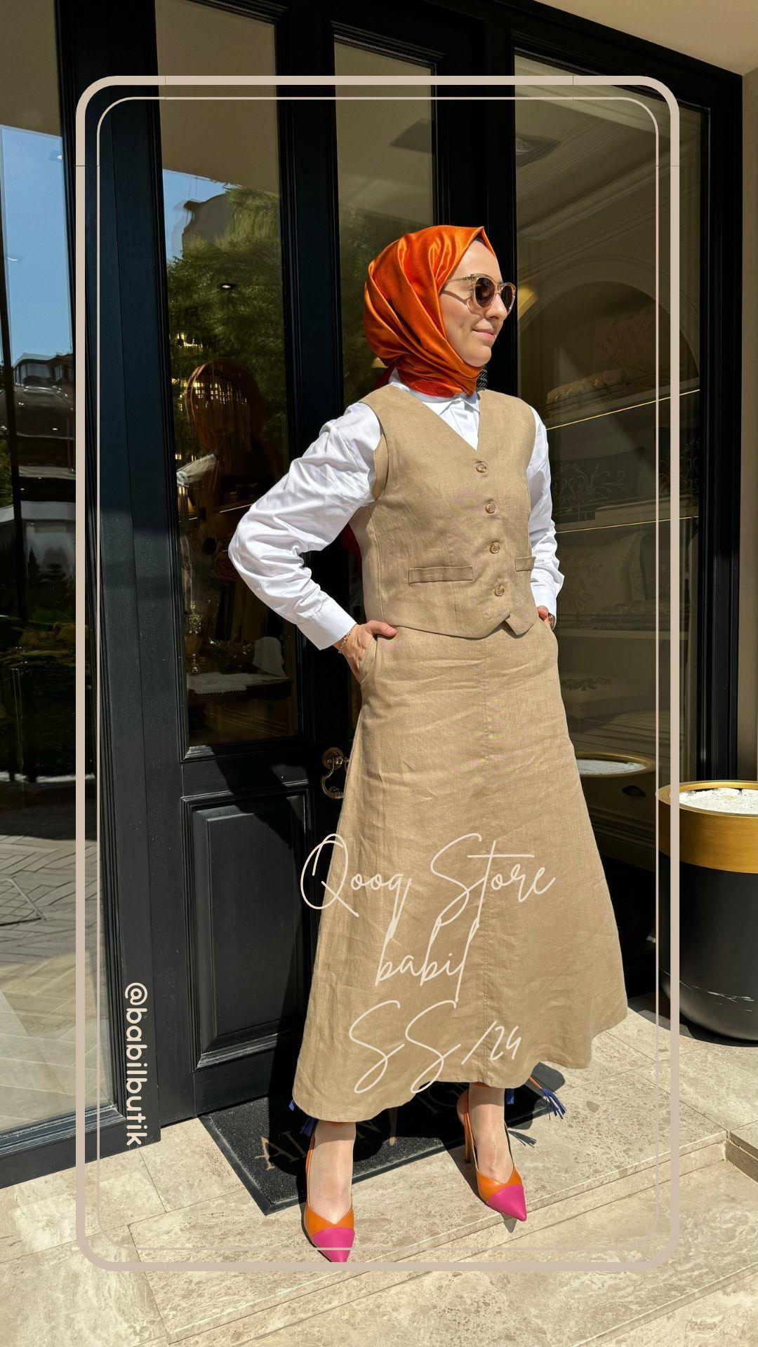 Linen Yelek Etekli Ham Keten Kadın Takım Kahve