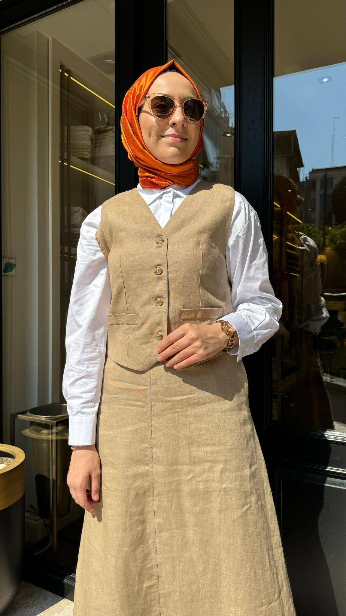 Linen Yelek Etekli Ham Keten Kadın Takım Kahve