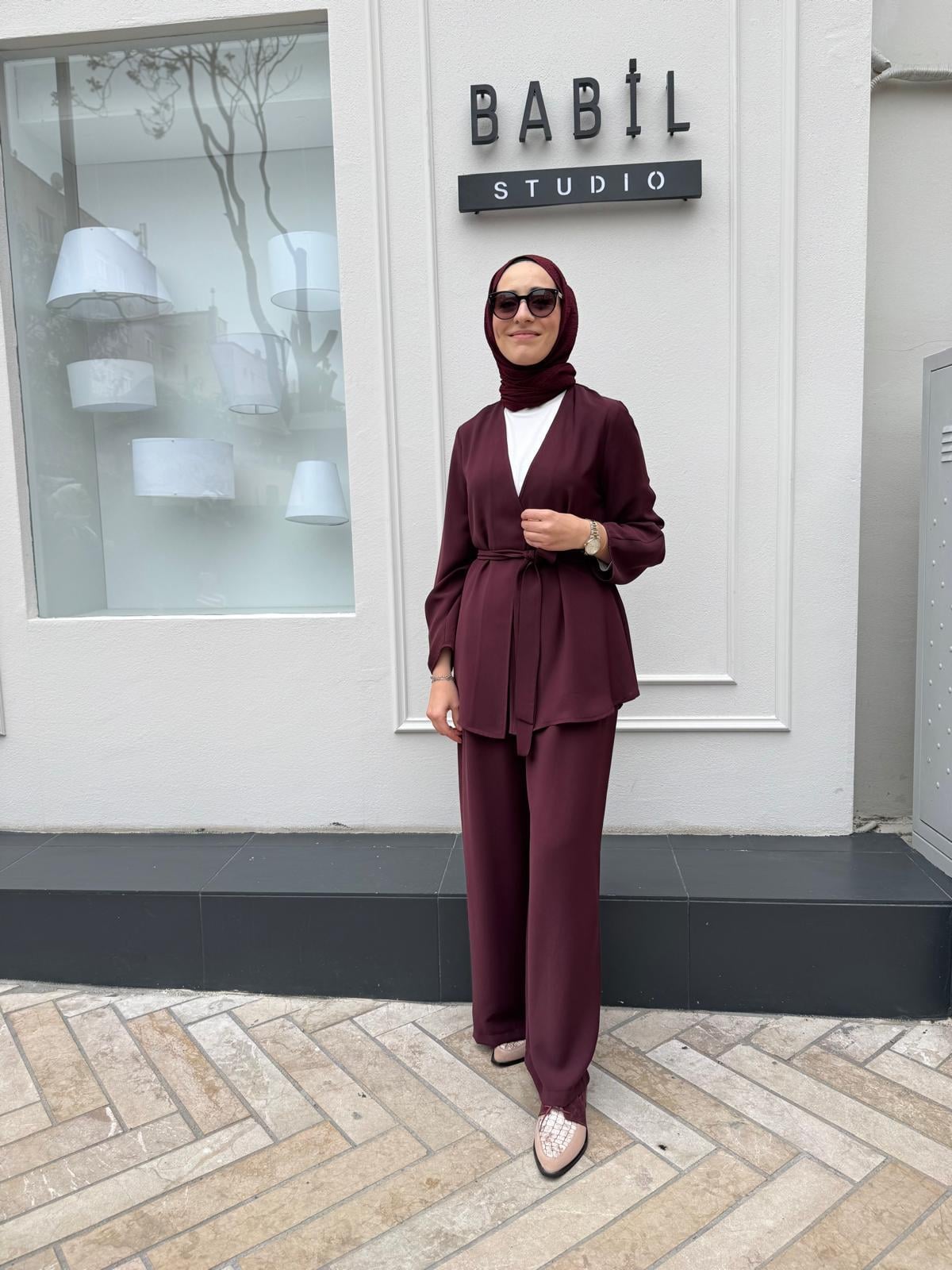 Lora Krep Pantolonlu Takım Bordo