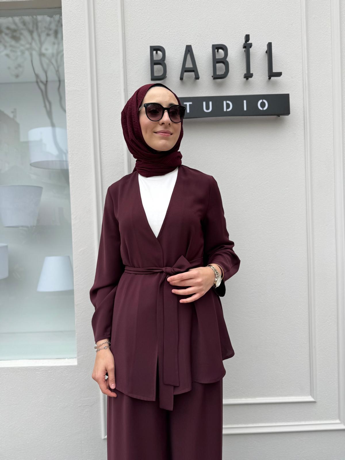 Lora Krep Pantolonlu Takım Bordo