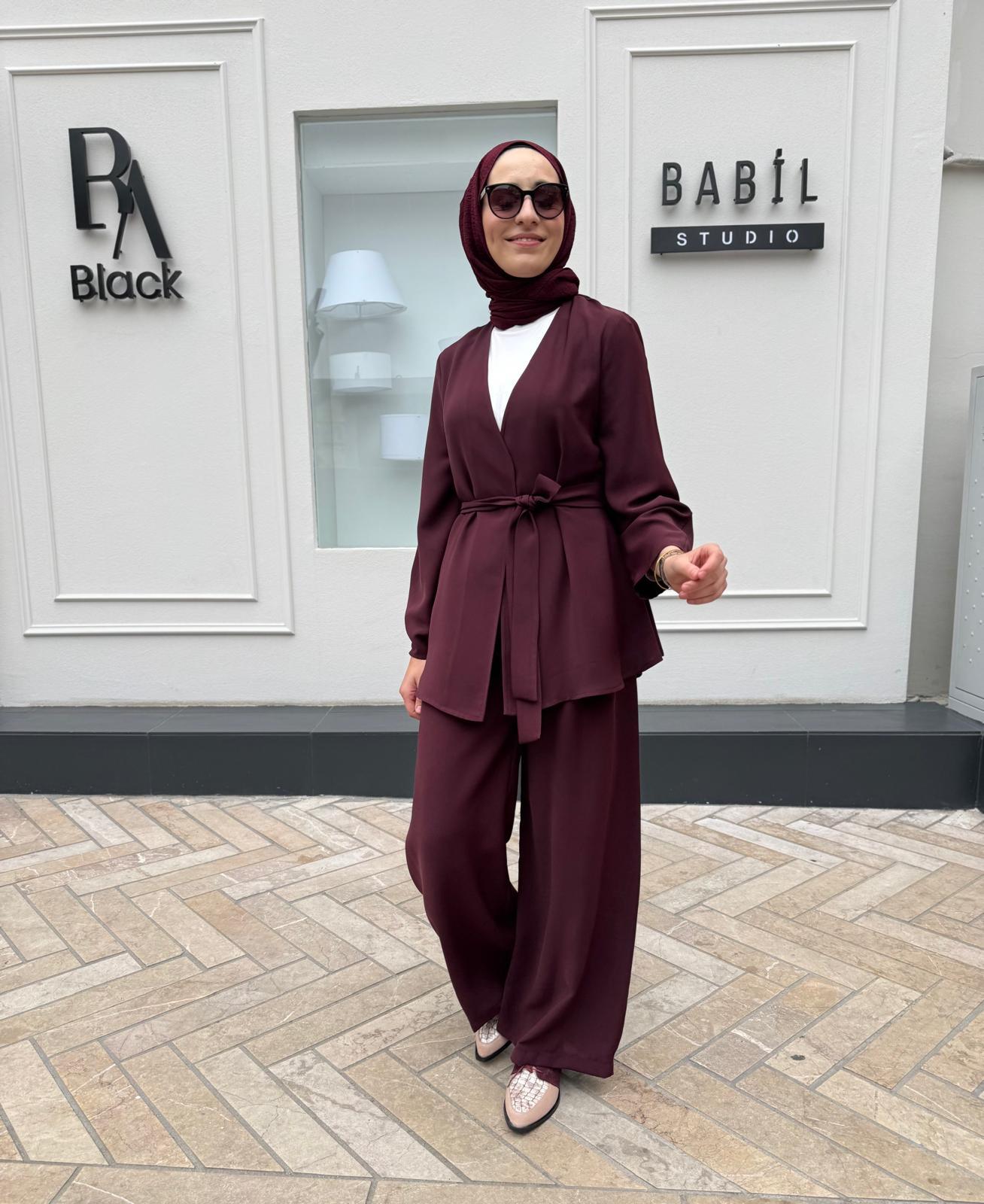 Lora Krep Pantolonlu Takım Bordo