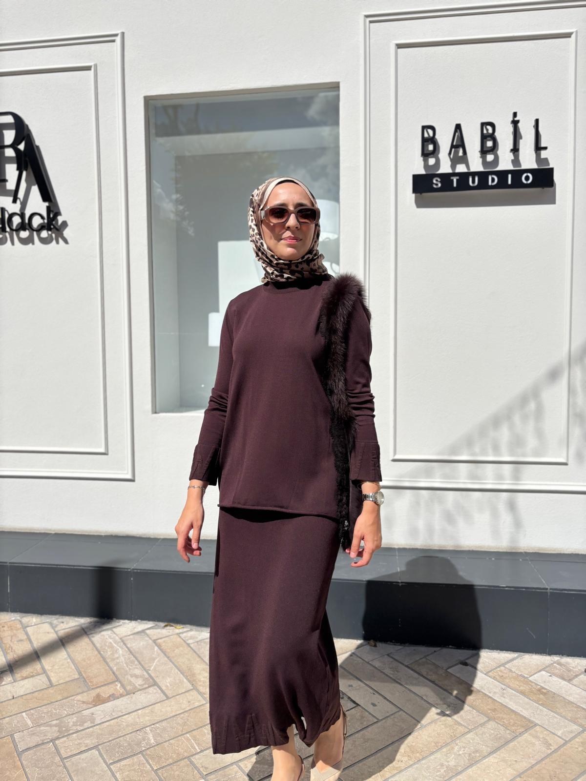 MİSS 268 Tüy Detaylı Kadın Tunik Kahve