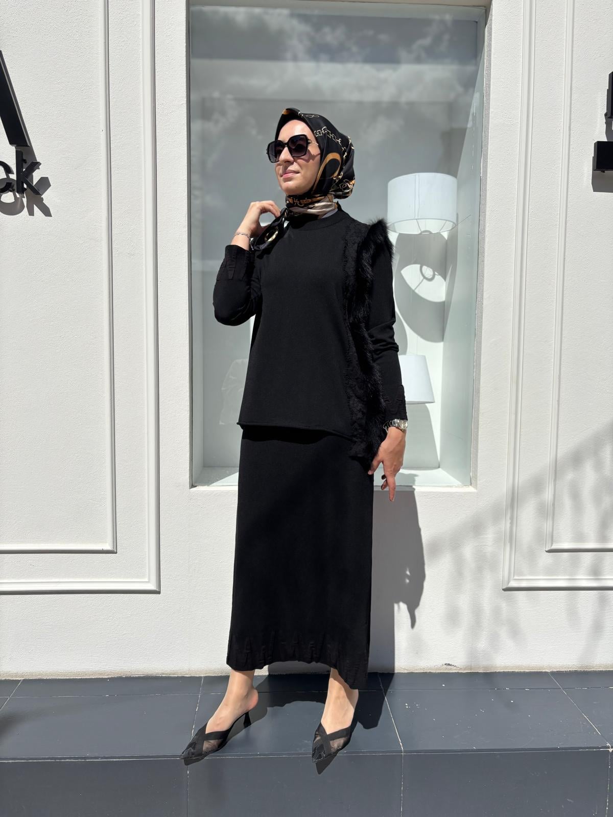 MİSS 268 Tüy Detaylı Kadın Tunik Siyah