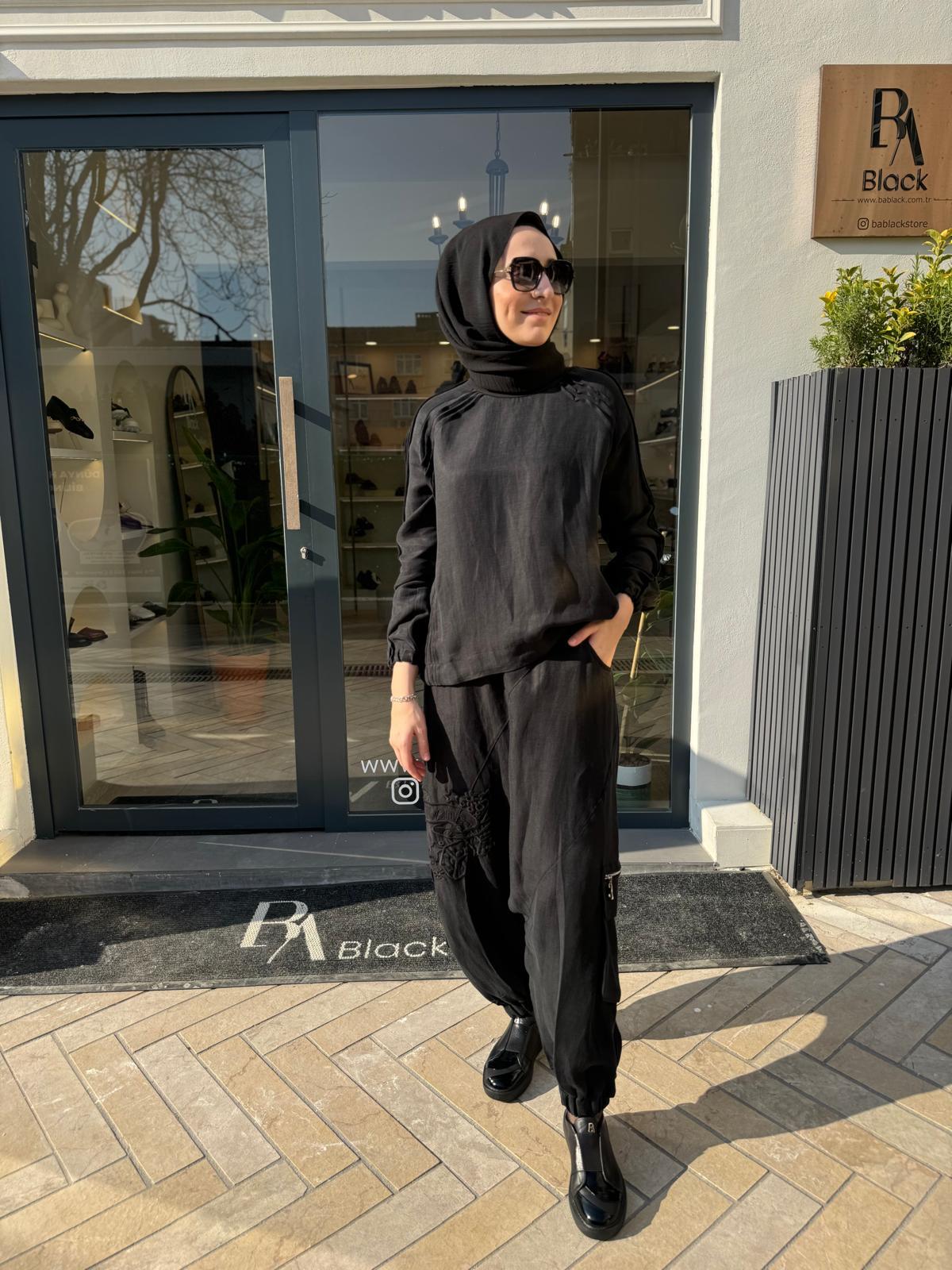 Nakışlı Keten Şalvar Kadın Takım Siyah
