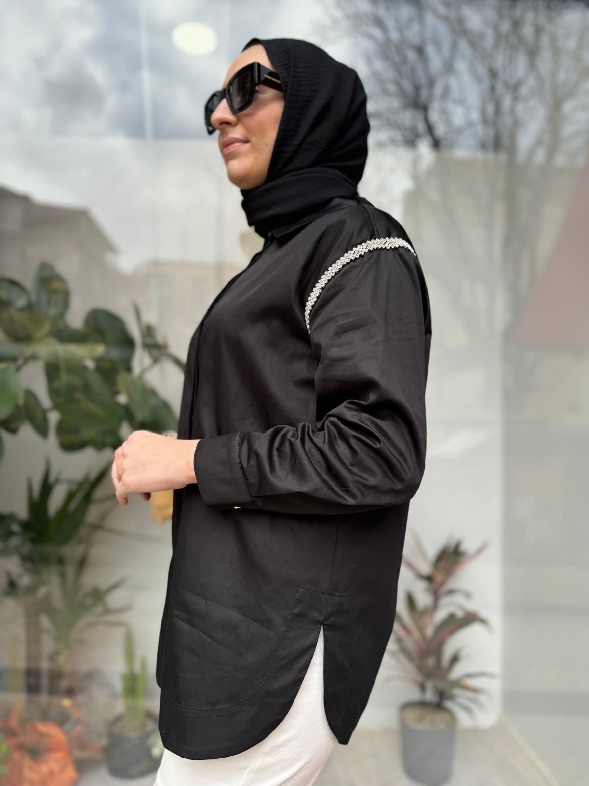 Omuz İşleme Detaylı Kadın Gömlek Siyah