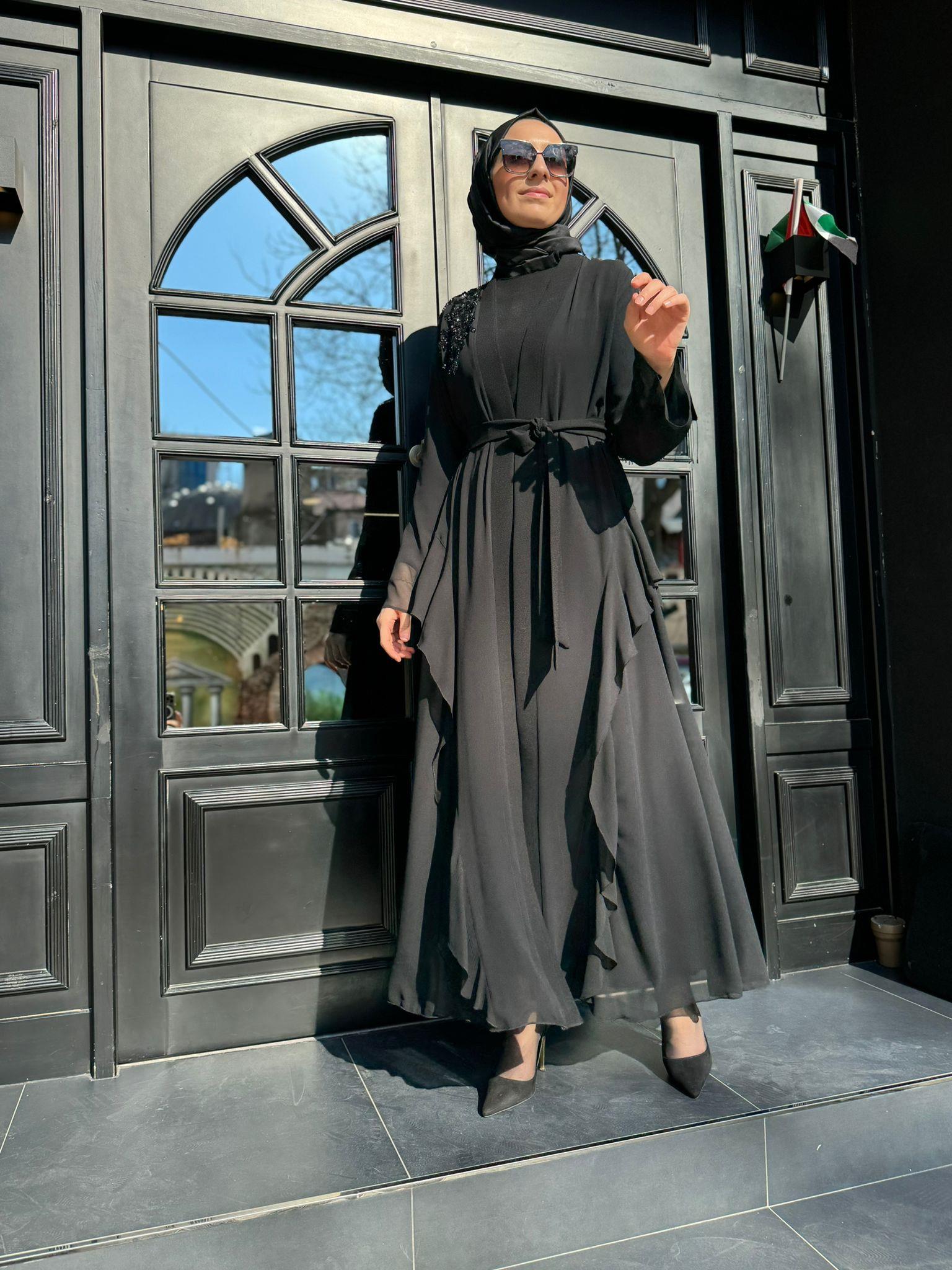Omuz Taş İşlemeli Tül İkili Abaya Elbise Siyah