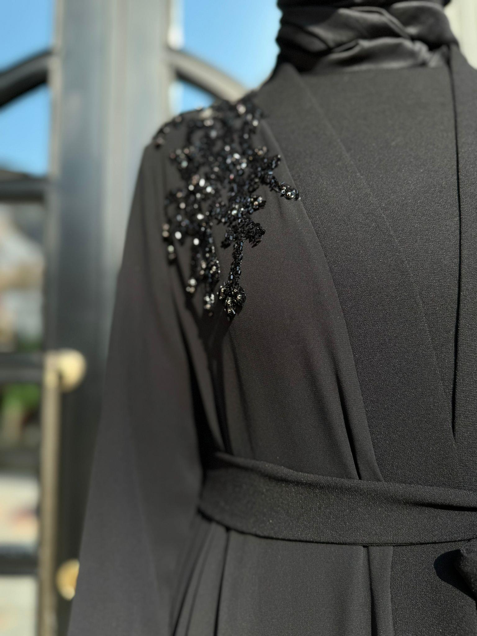 Omuz Taş İşlemeli Tül İkili Abaya Elbise Siyah
