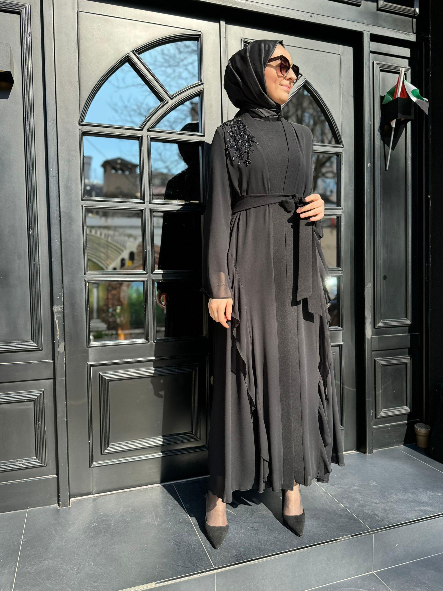 Omuz Taş İşlemeli Tül İkili Abaya Elbise Siyah