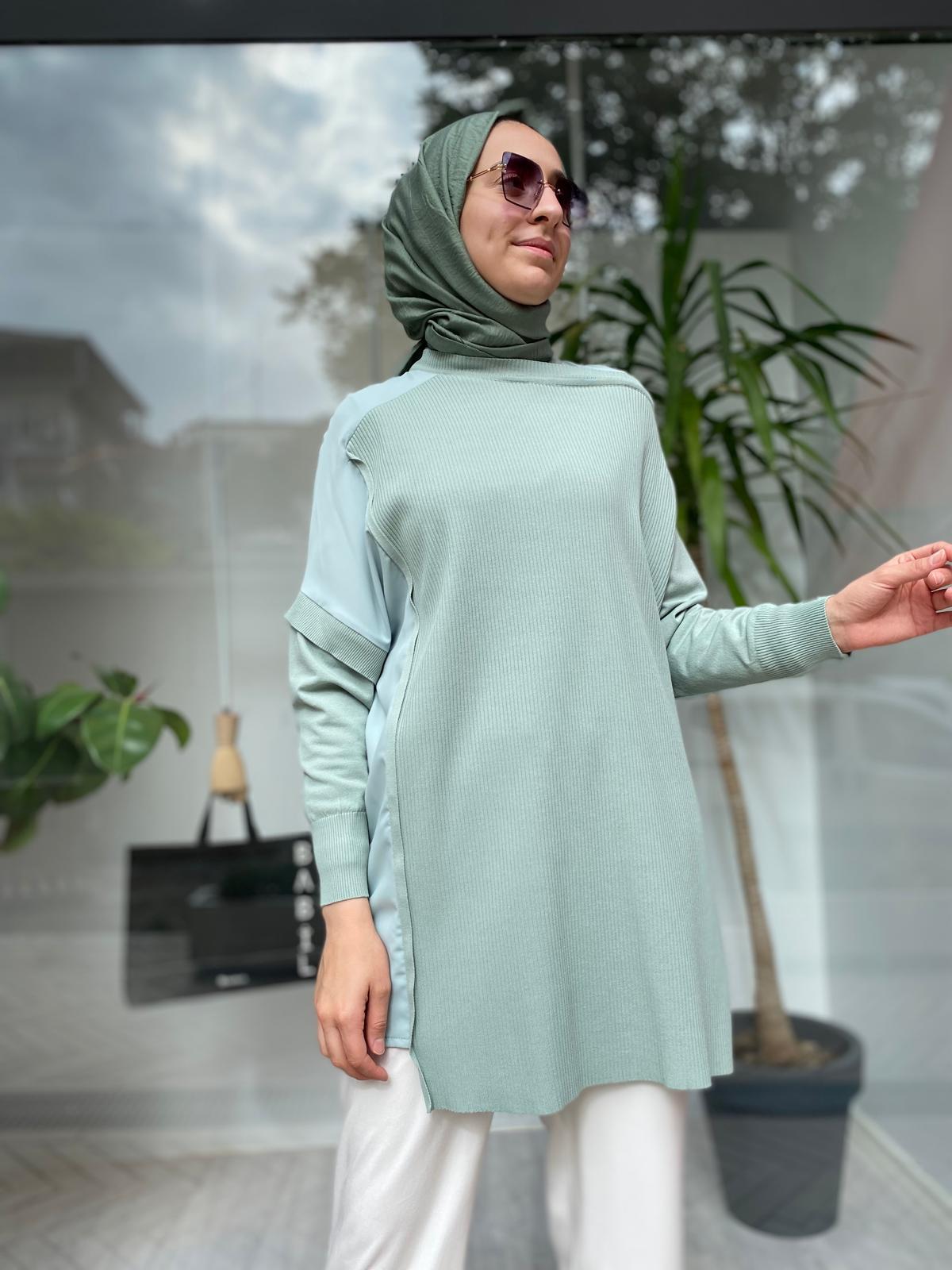 Omzu Şifon Kadın Triko Tunik Mint