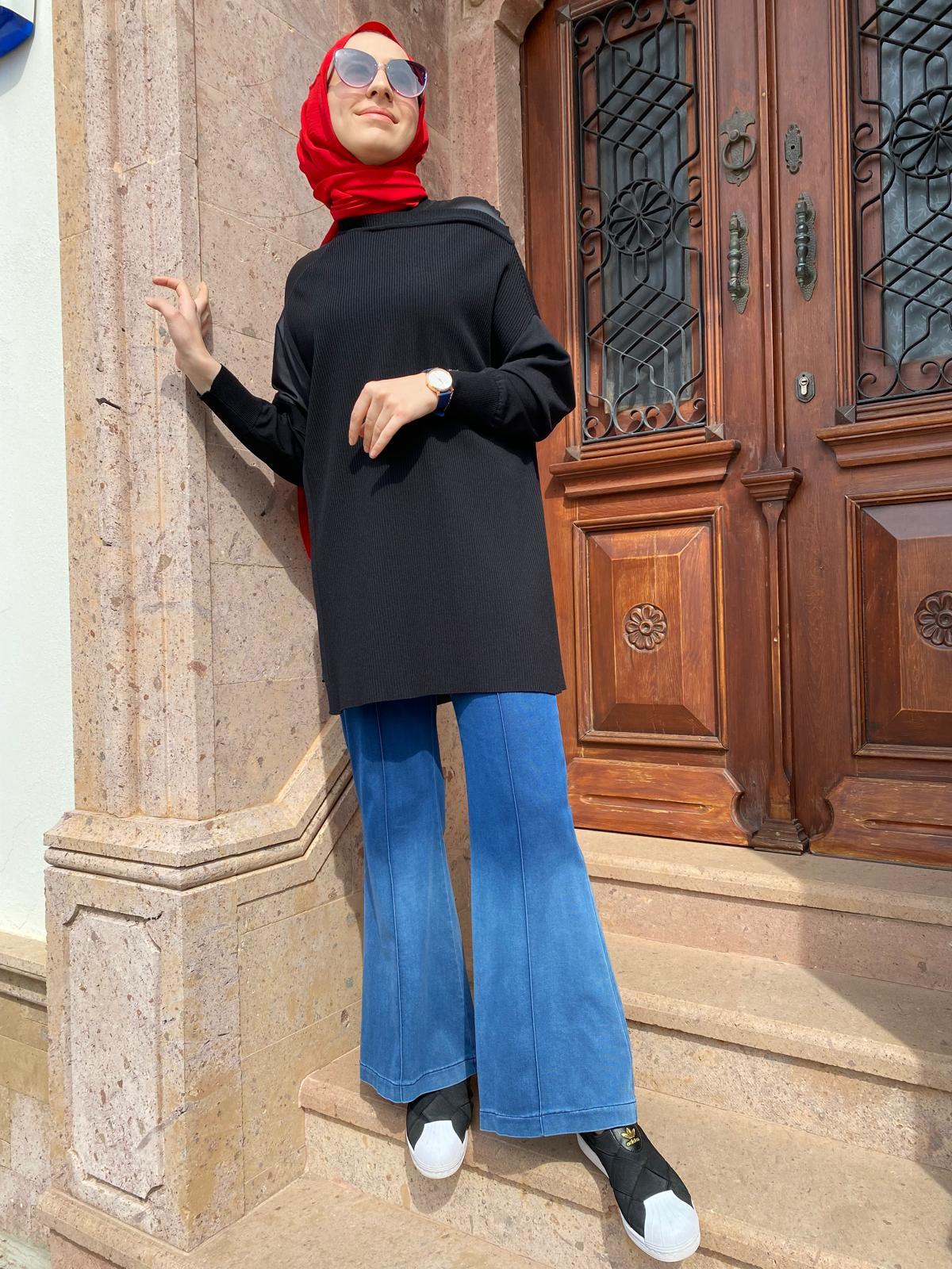 Omzu Şifon Kadın Triko Tunik Siyah