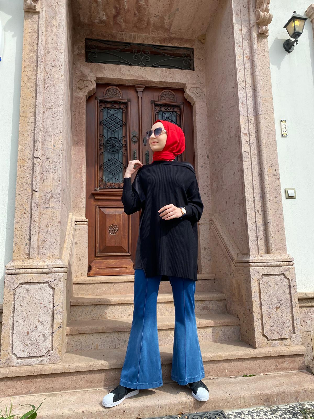 Omzu Şifon Kadın Triko Tunik Siyah