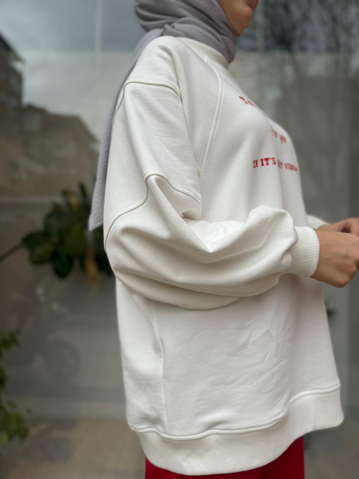 Önü Baskılı Kadın Sweat Beyaz
