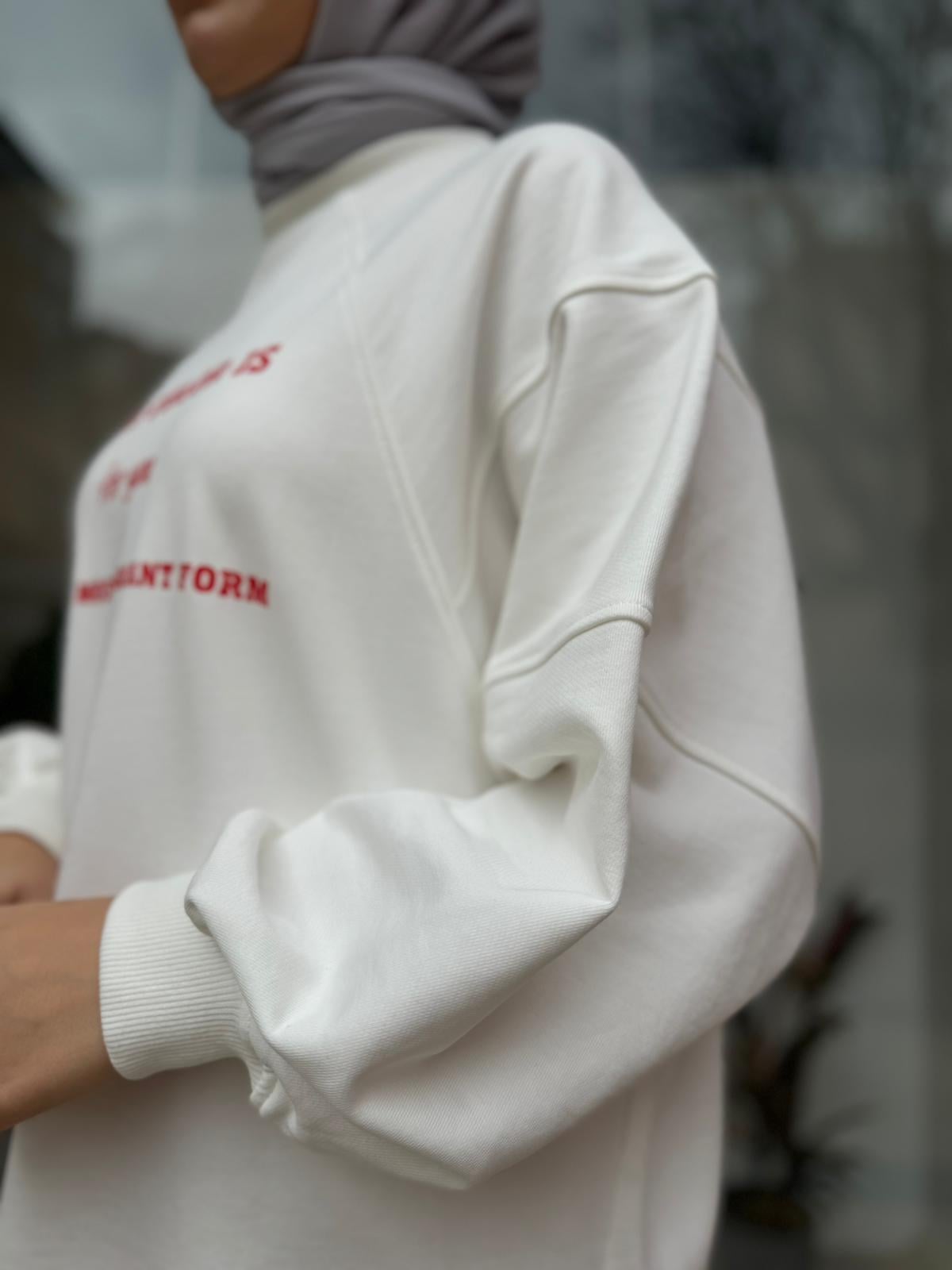 Önü Baskılı Kadın Sweat Beyaz