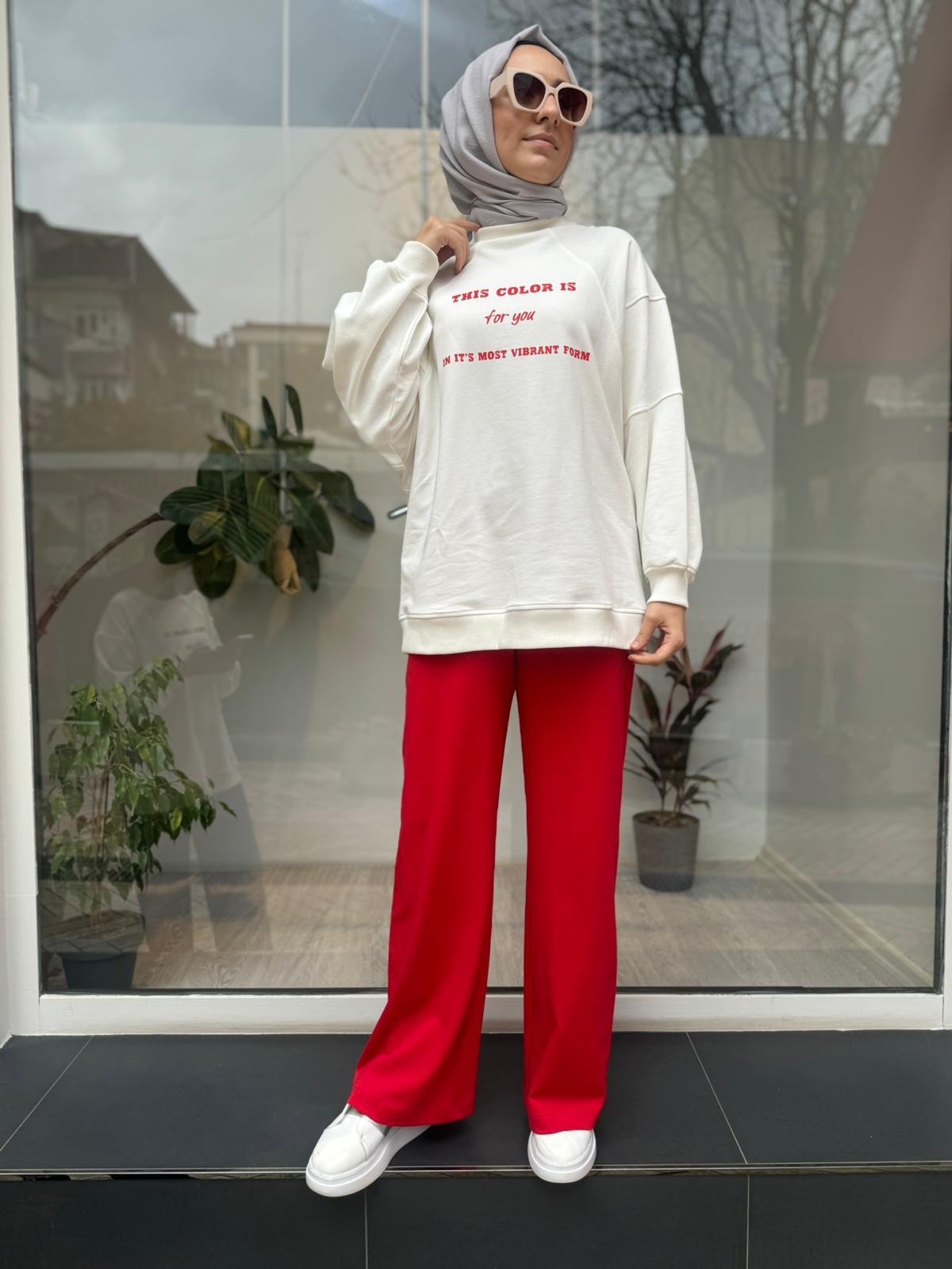Önü Baskılı Kadın Sweat Beyaz