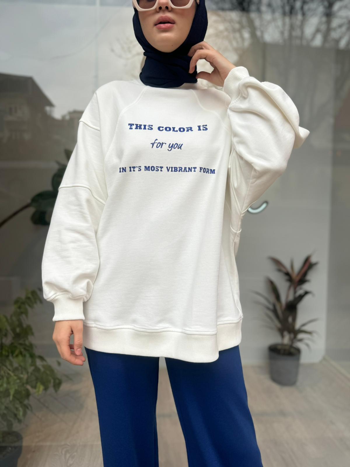 Önü Baskılı Kadın Sweat Saks Mavi
