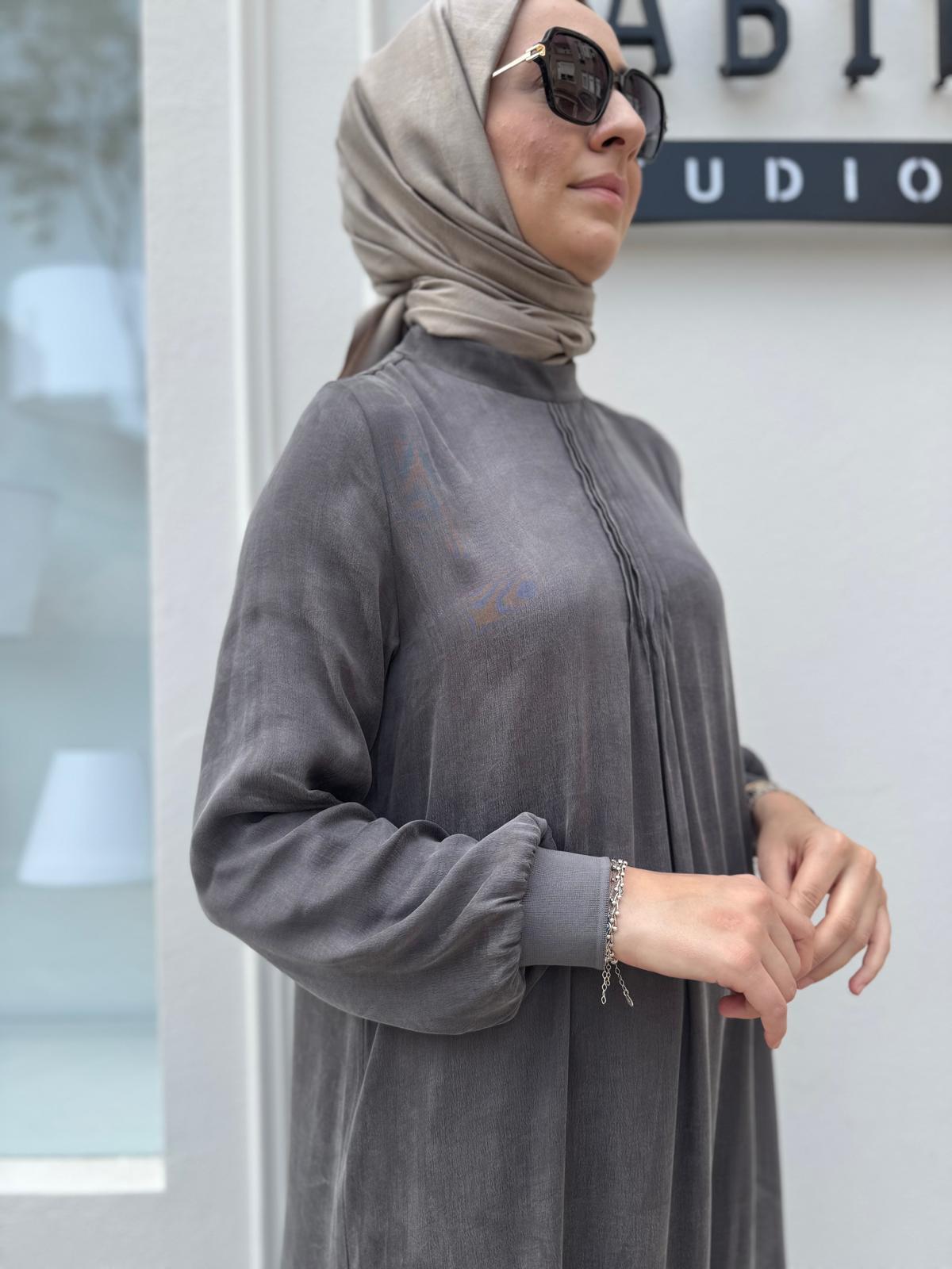 Önü Dikişli Cupro Kadın Elbise Vizon