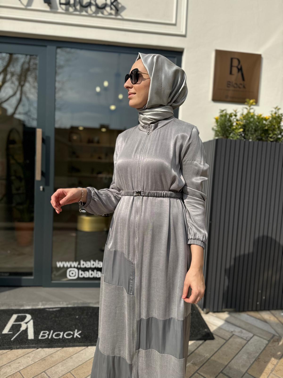 Parçalı Fermuarlı Kadın Kap Gri
