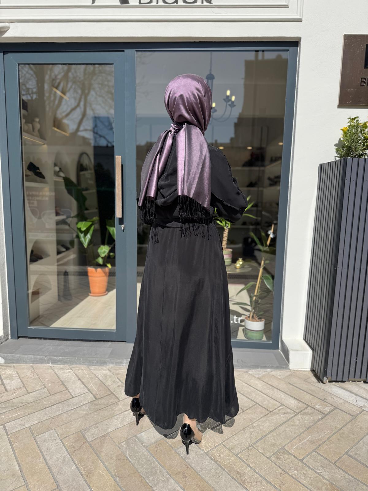 Parçalı Şifon Detaylı Kadın Cupro Kap Siyah