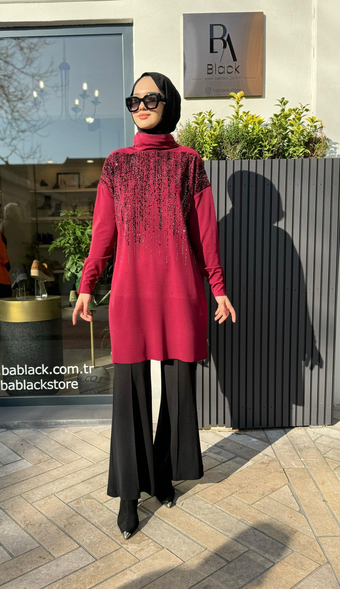 Parlak Taş Detaylı Kadın Tunik Bordo