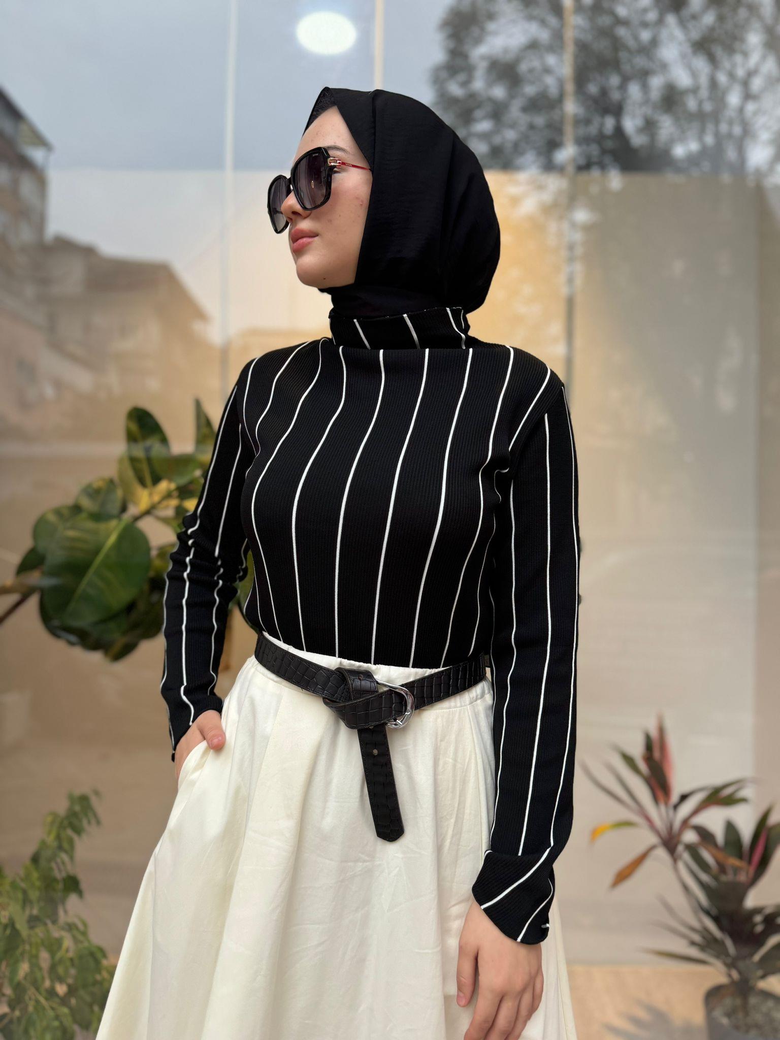 Raya Çizgili Kadın Triko Bluz Siyah