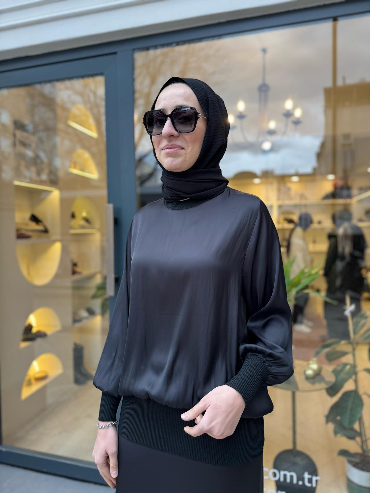 Saten Lastikli Star Kadın Takım Siyah