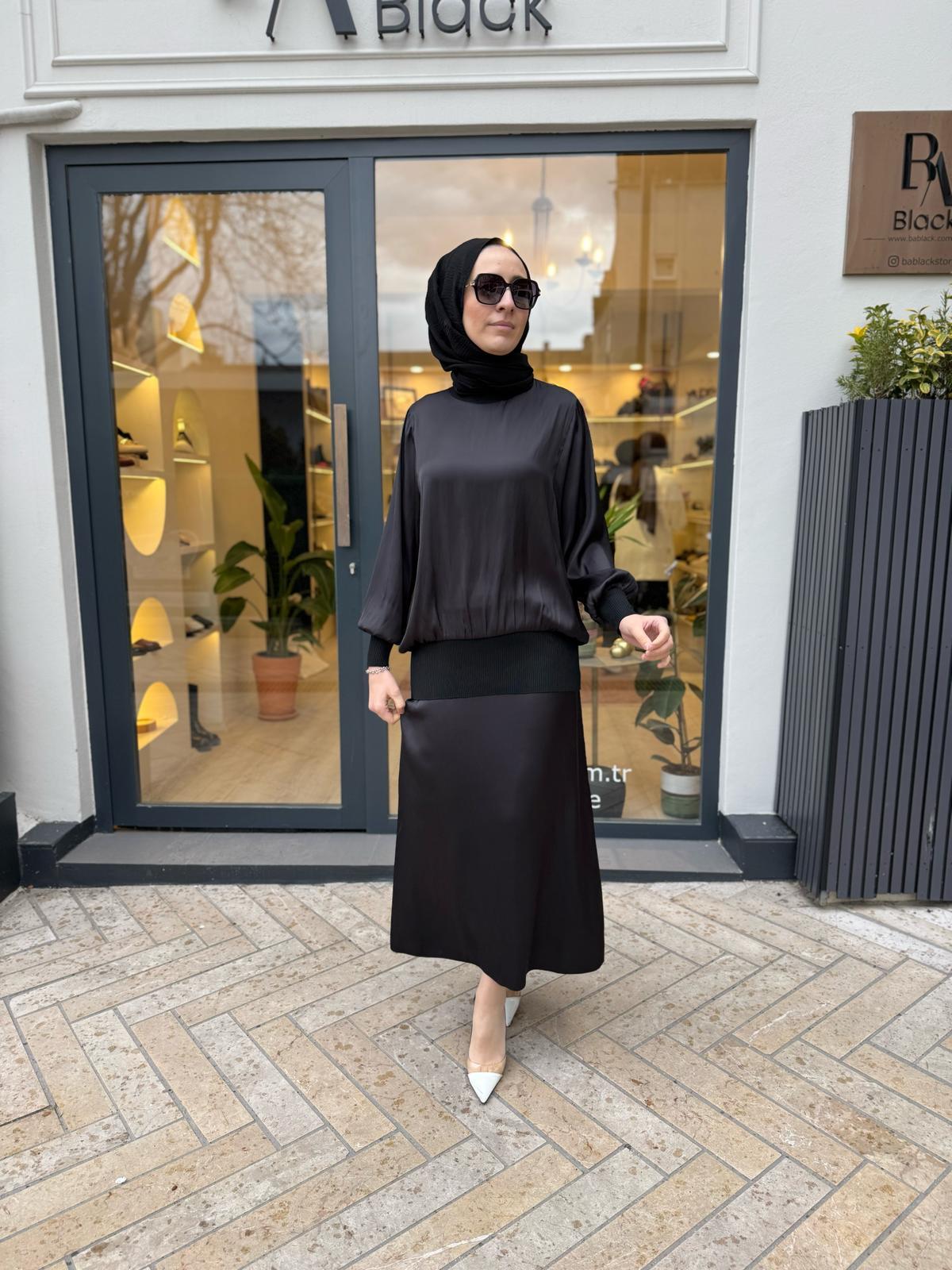Saten Lastikli Star Kadın Takım Siyah