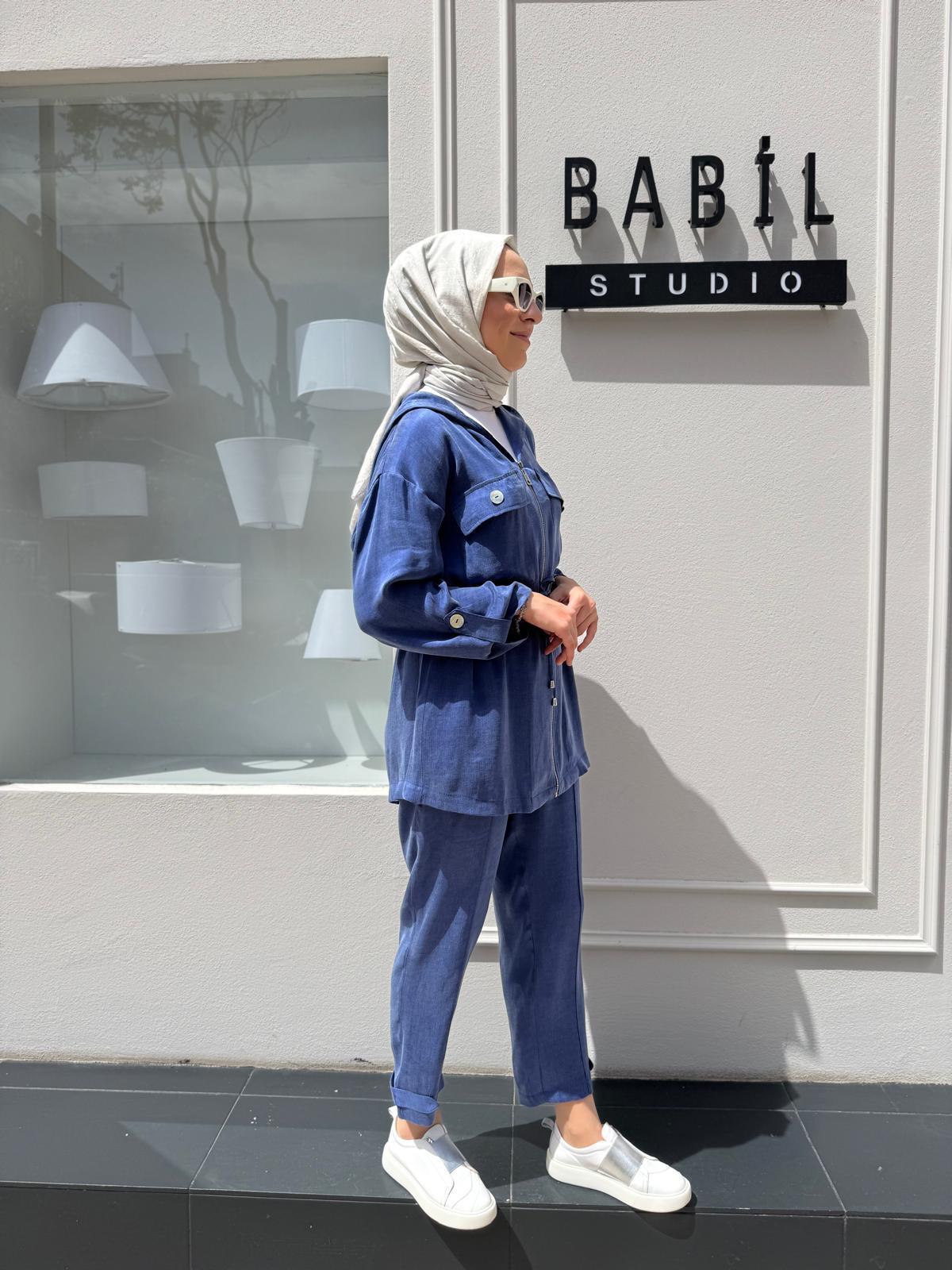 Sedef Düğmeli Belden Bağlamalı Ceket Kadın Takım Lacivert