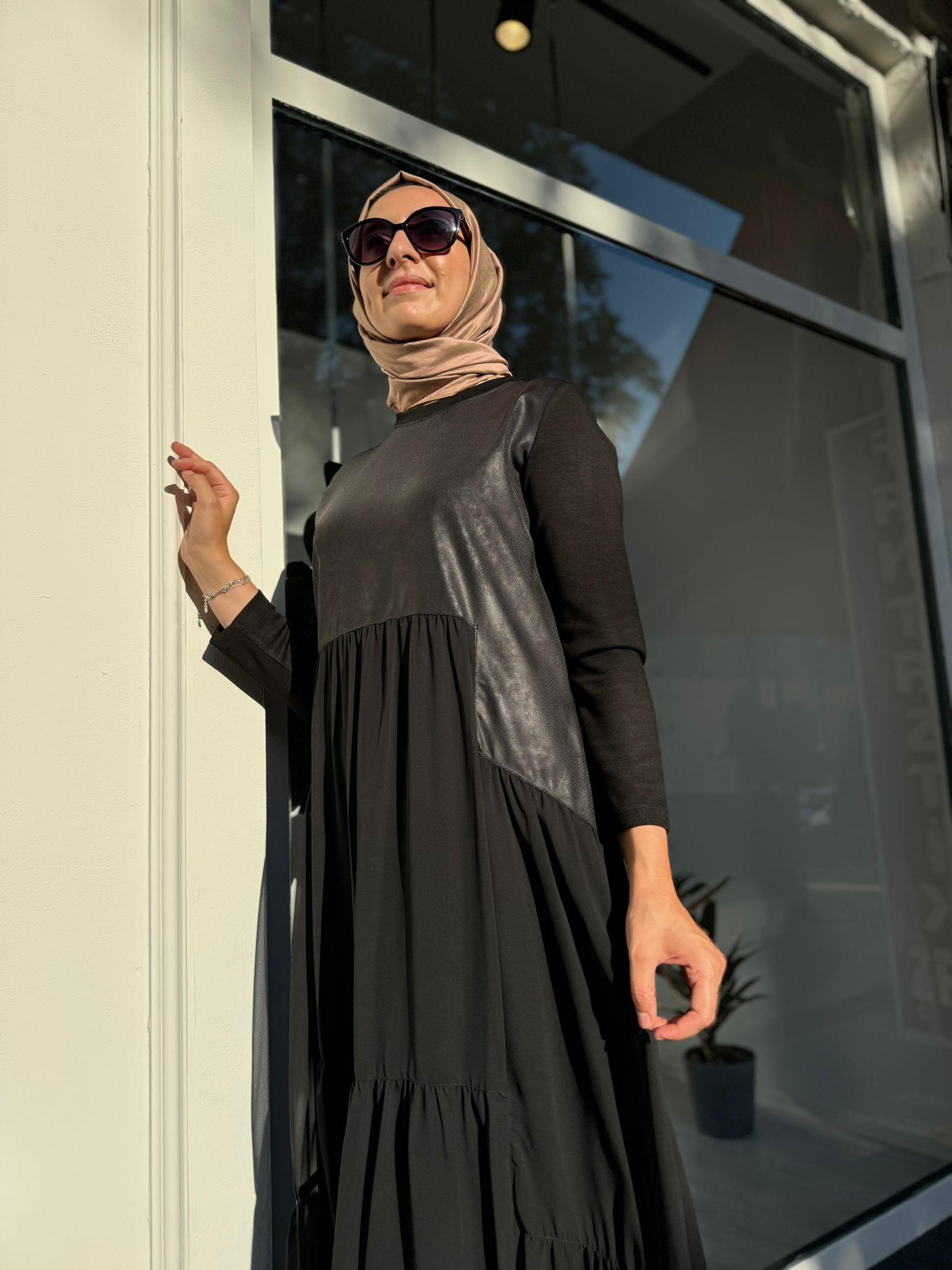 Şifon Detaylı Üç İplik Kadın Elbise Siyah