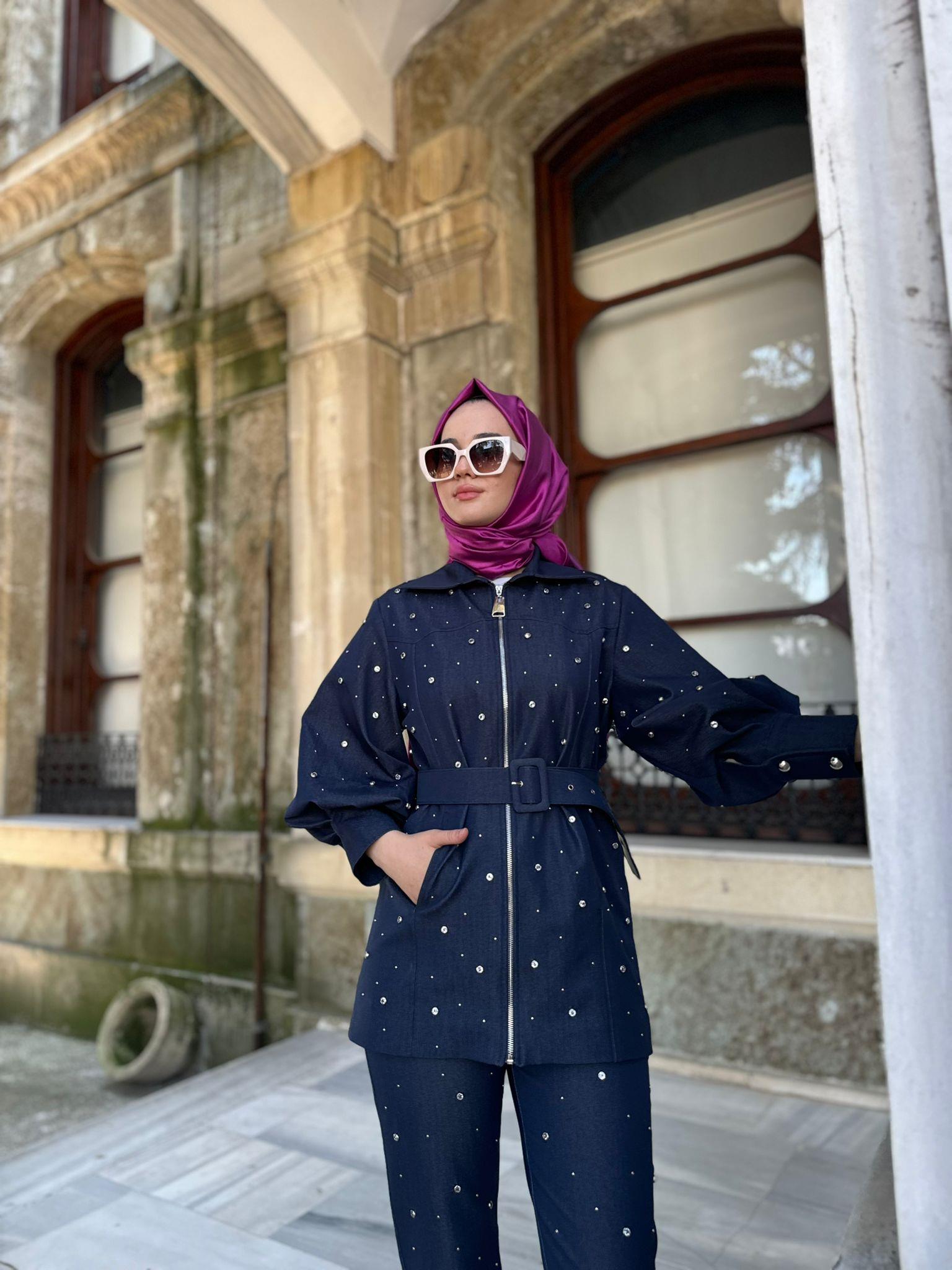 Silvia Balon Kol Taş İşlemeli Tasarım Kadın Ceket Lacivert
