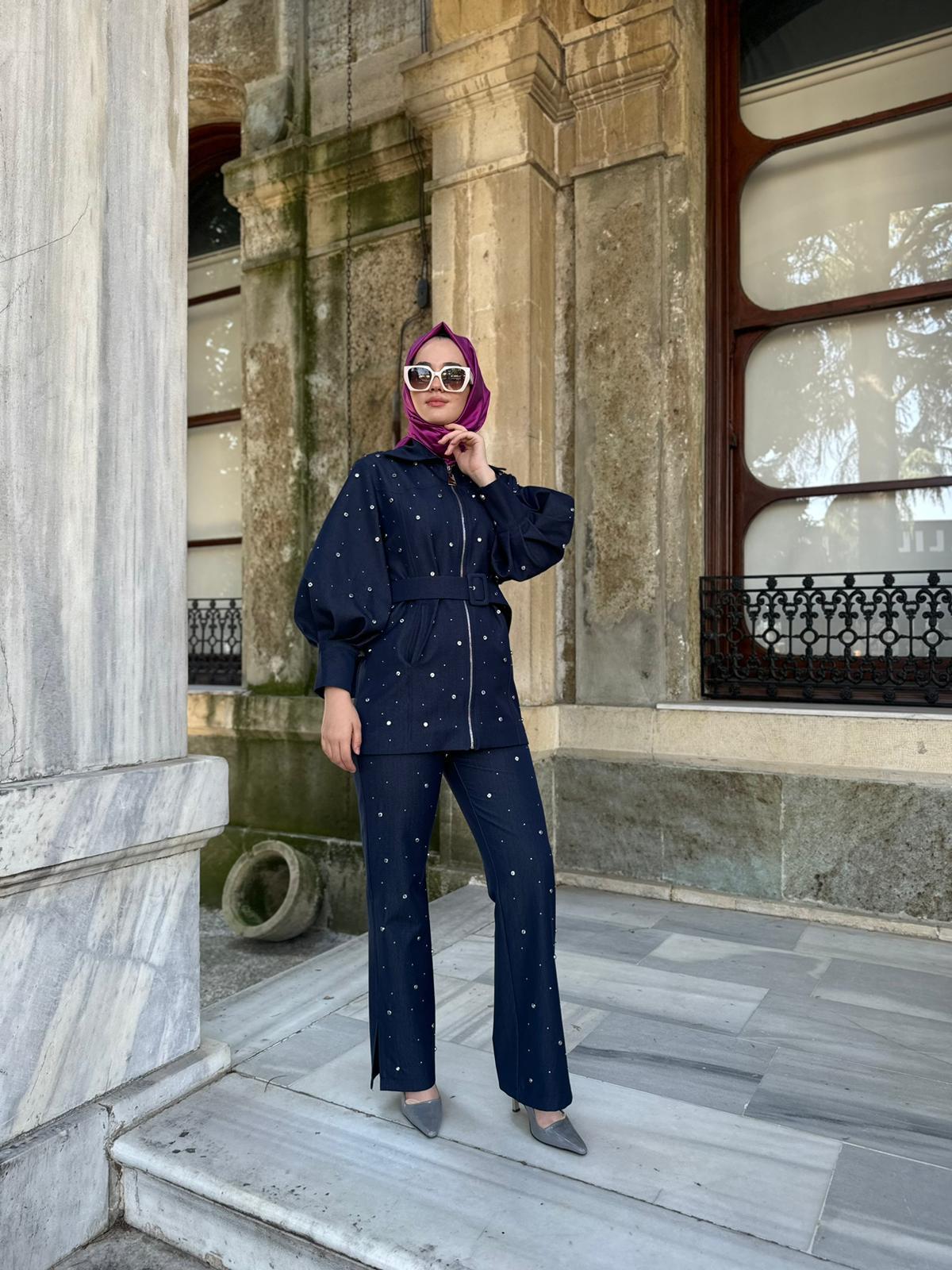 Silvia Balon Kol Taş İşlemeli Tasarım Kadın Ceket Lacivert