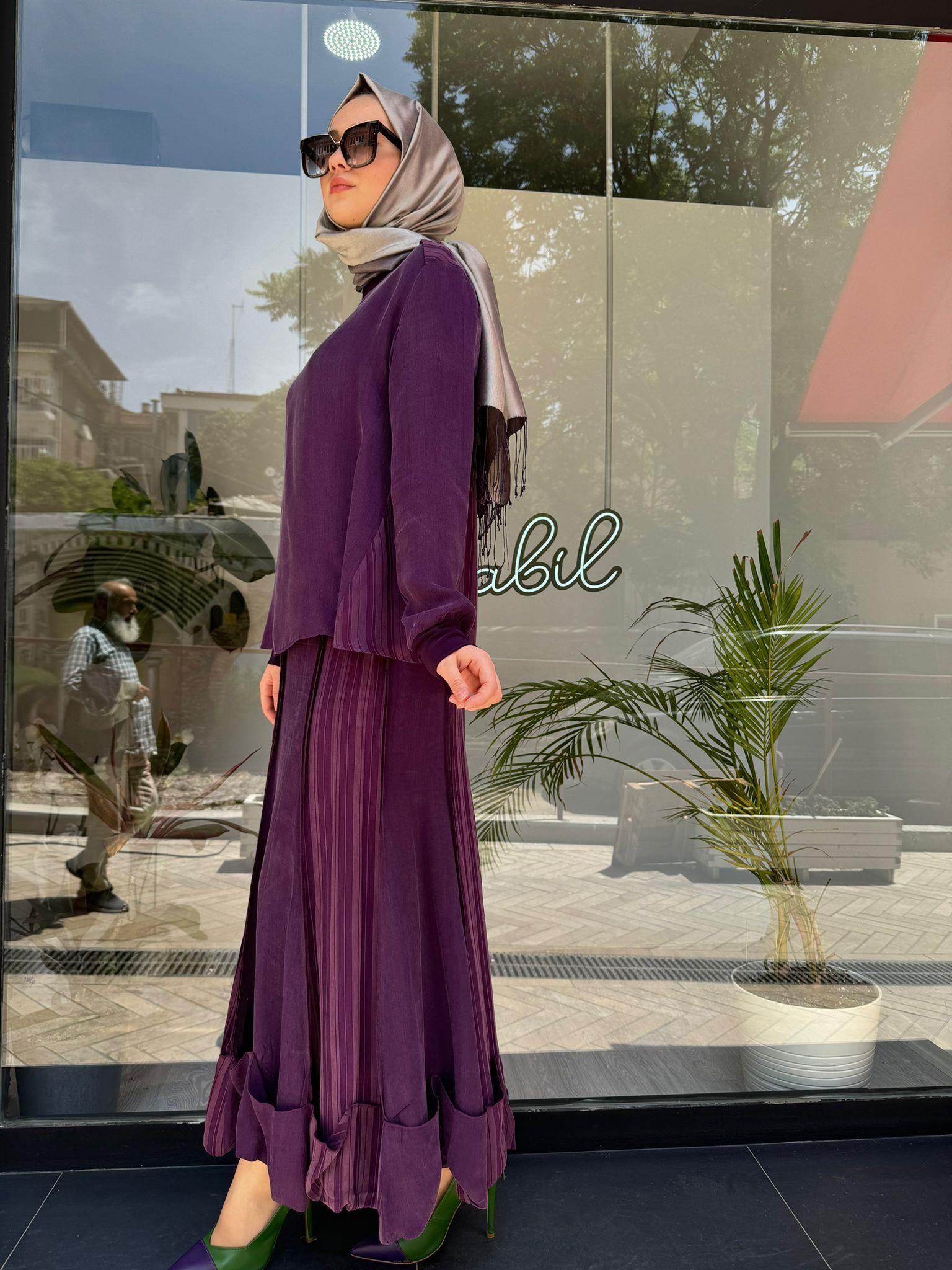 Sırt Çizgili Basic İpek Kadın Bluz Mürdüm