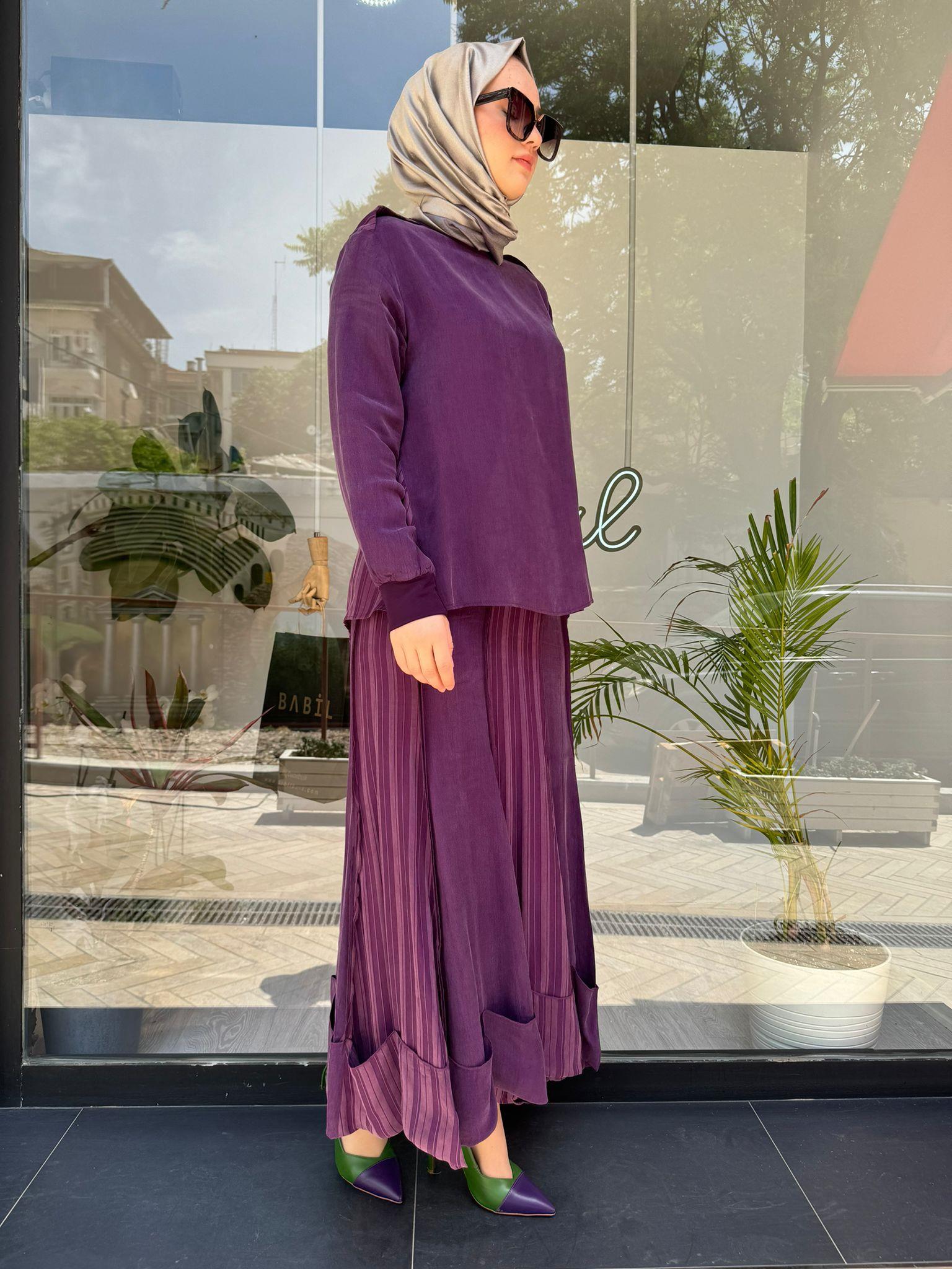 Sırt Çizgili Basic İpek Kadın Bluz Mürdüm