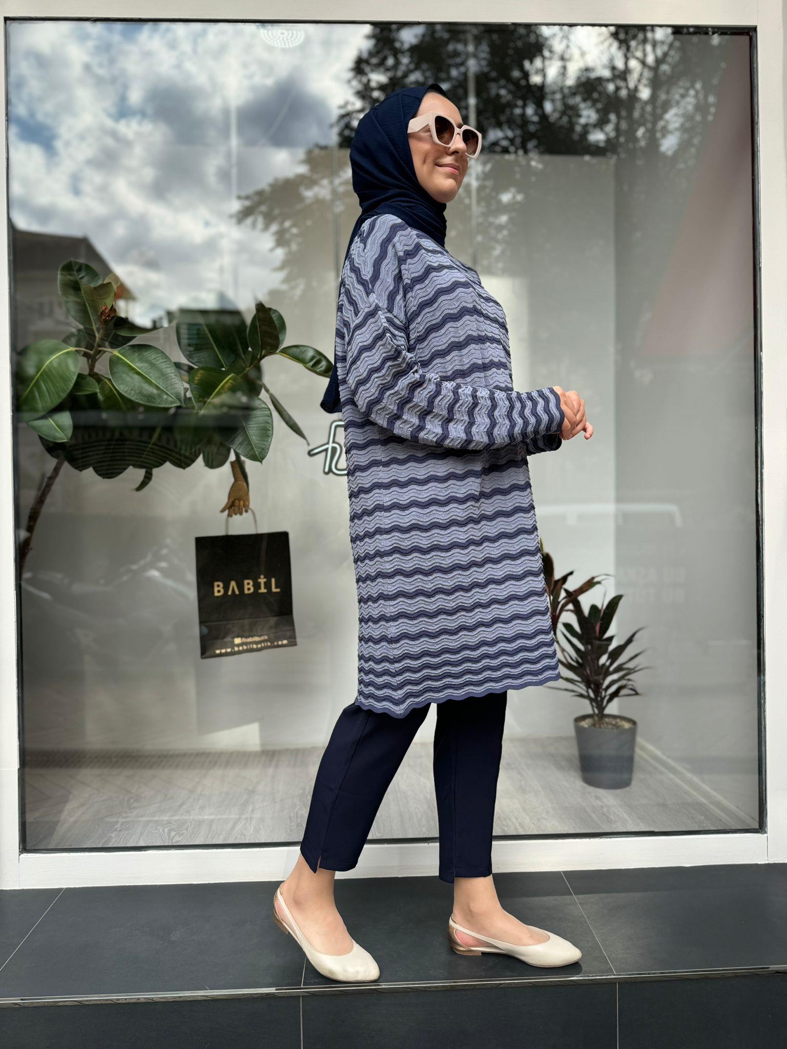 Su Dalgası Desen Triko Tunik Indigo