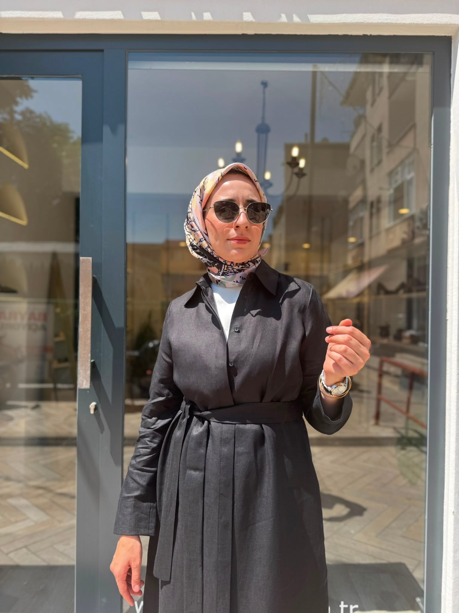 TD048 Natural Keten Kadın Gömlek Elbise Siyah