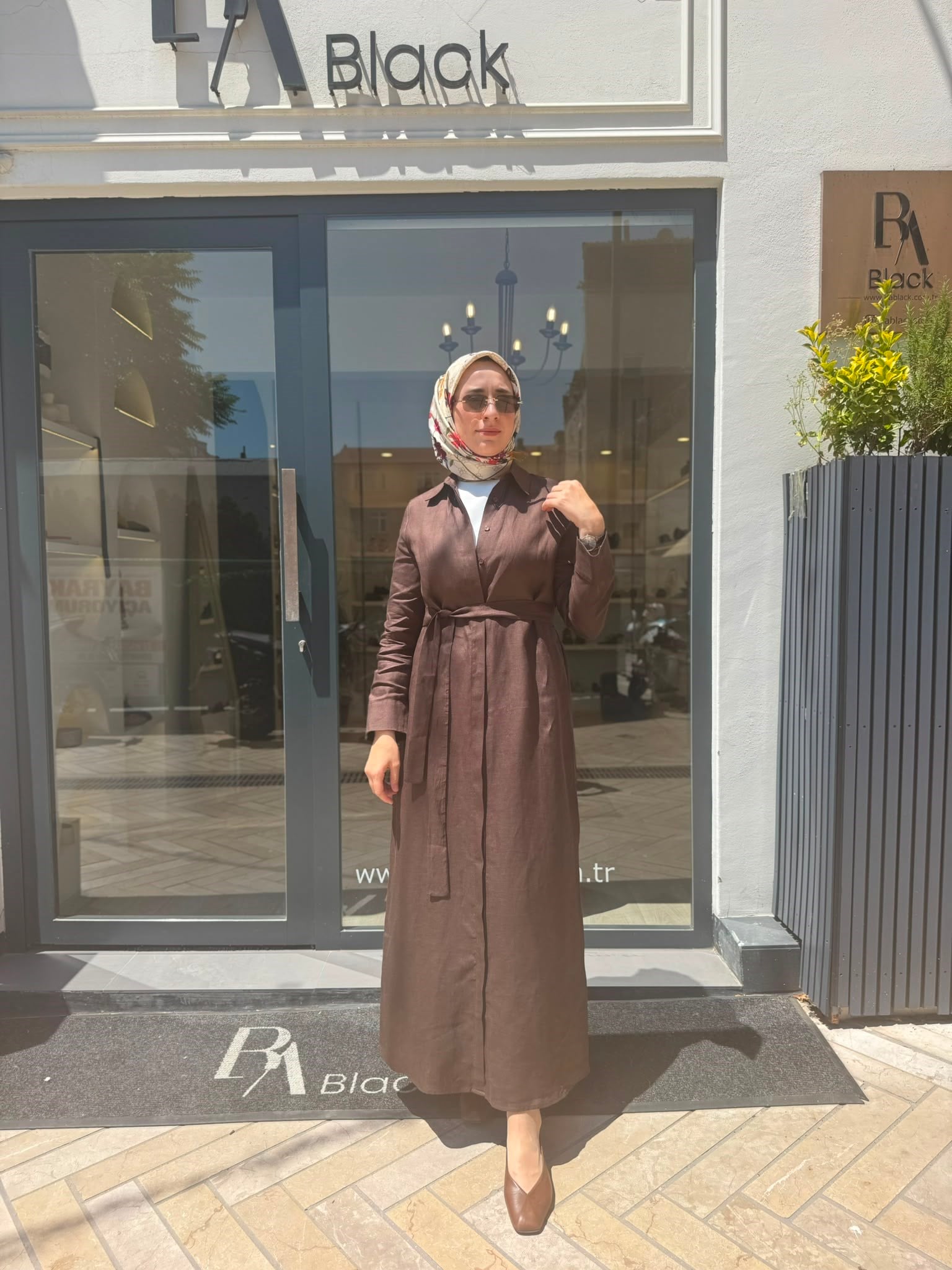 TD048 Natural Keten Kadın Gömlek Elbise Kahve