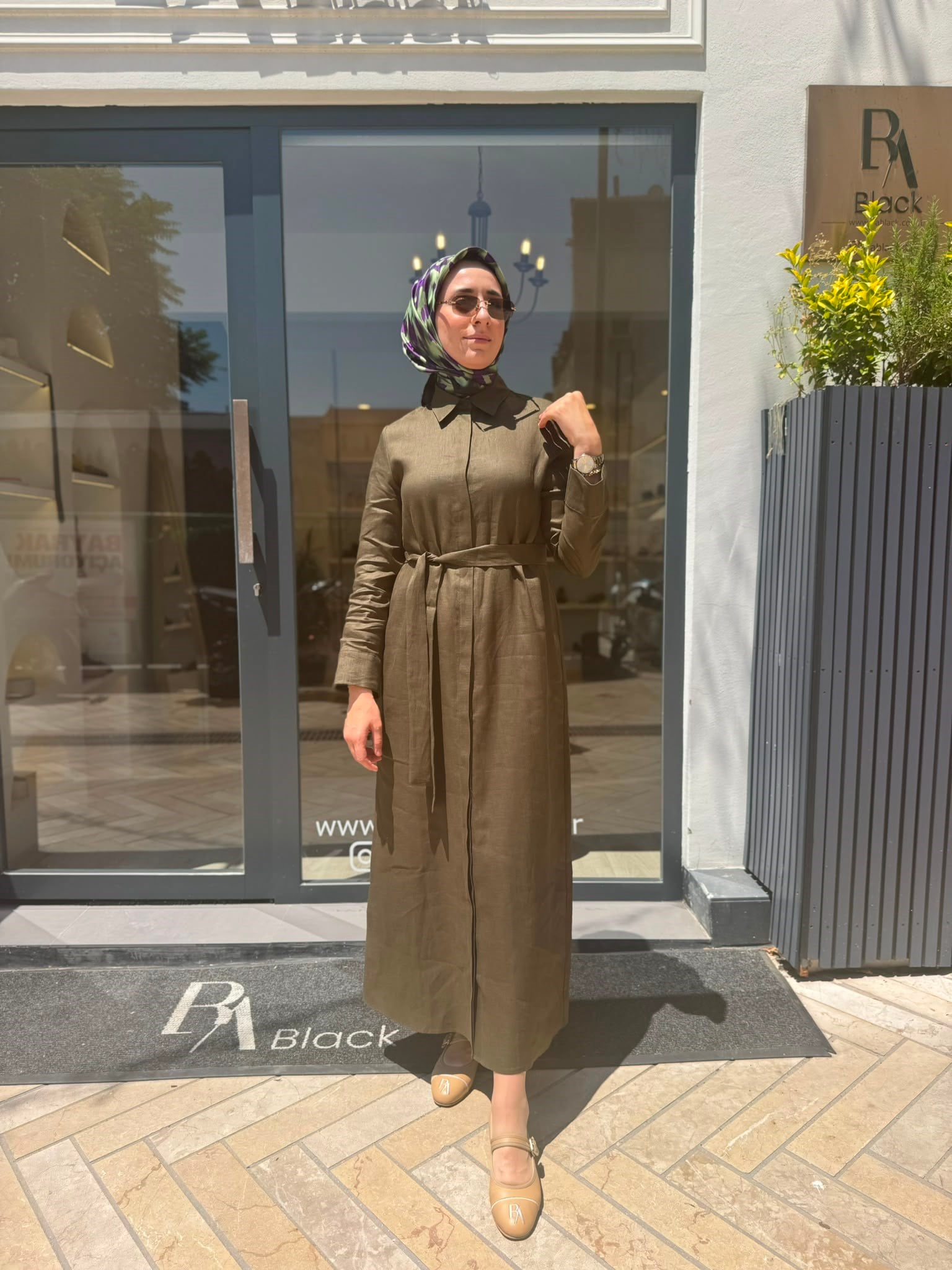 TD048 Natural Keten Kadın Gömlek Elbise Haki Yeşil