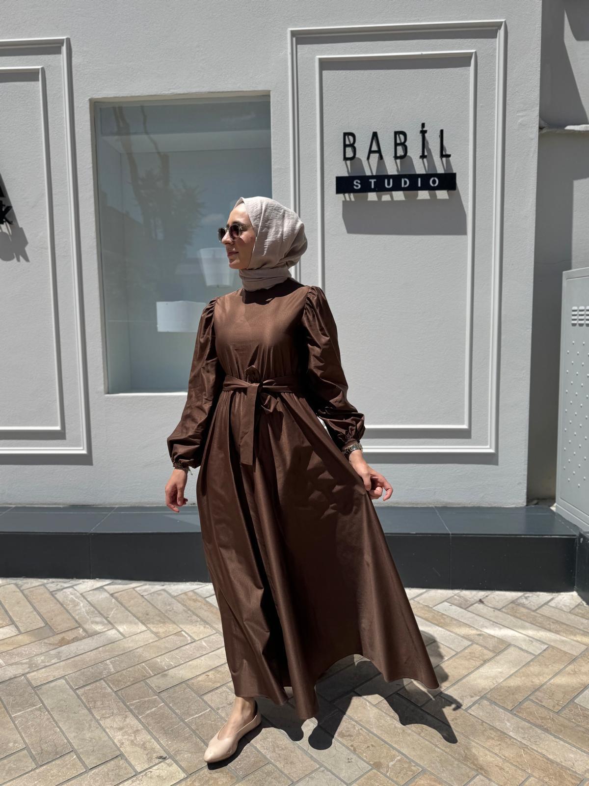 TD2397 Beli Lastikli Kadın Elbise Kahve