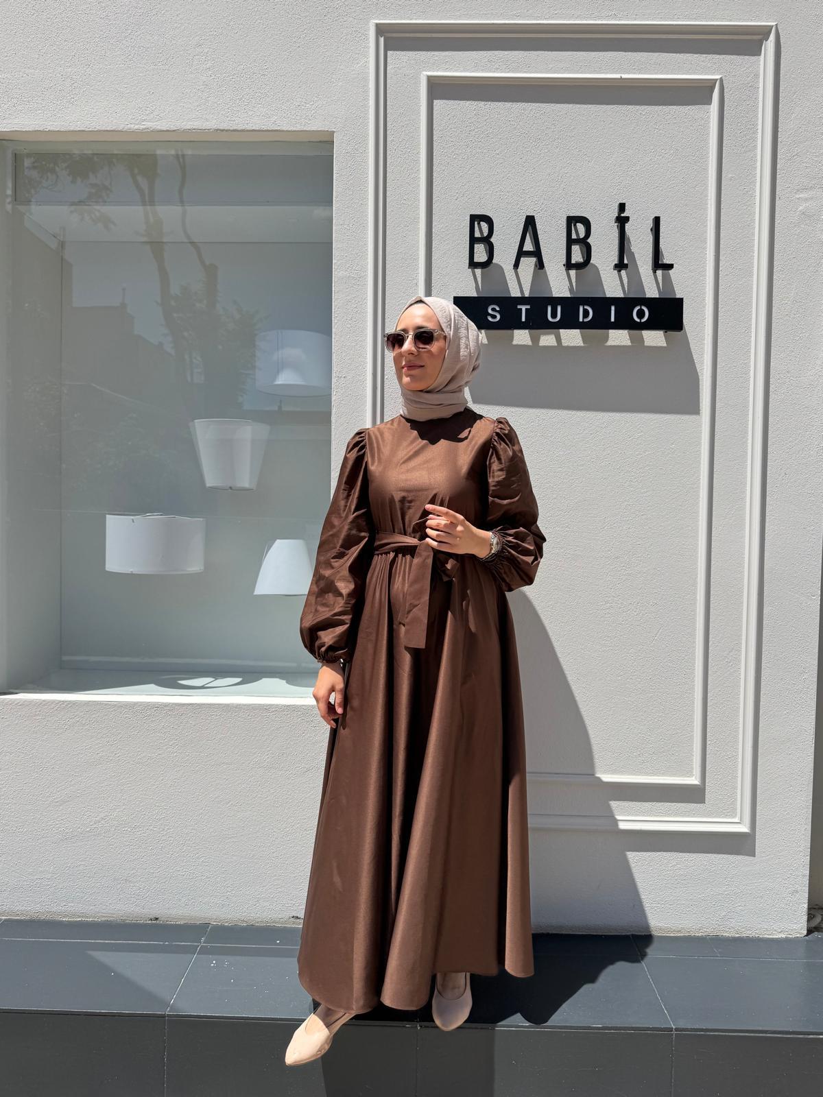 TD2397 Beli Lastikli Kadın Elbise Kahve