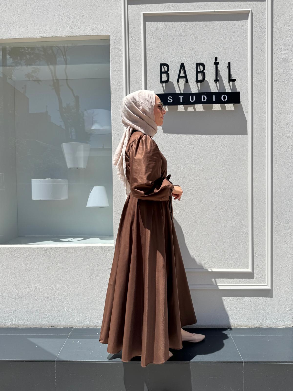 TD2397 Beli Lastikli Kadın Elbise Kahve