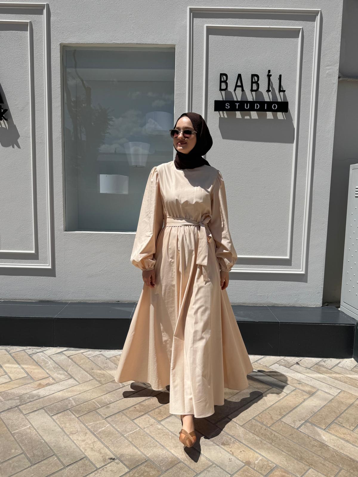 TD2397 Beli Lastikli Kadın Elbise Pudra Pembe