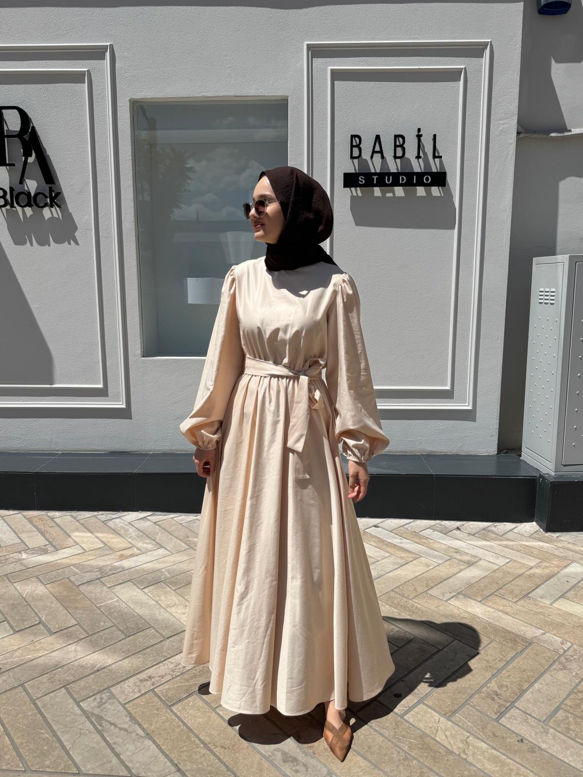 TD2397 Beli Lastikli Kadın Elbise Pudra Pembe