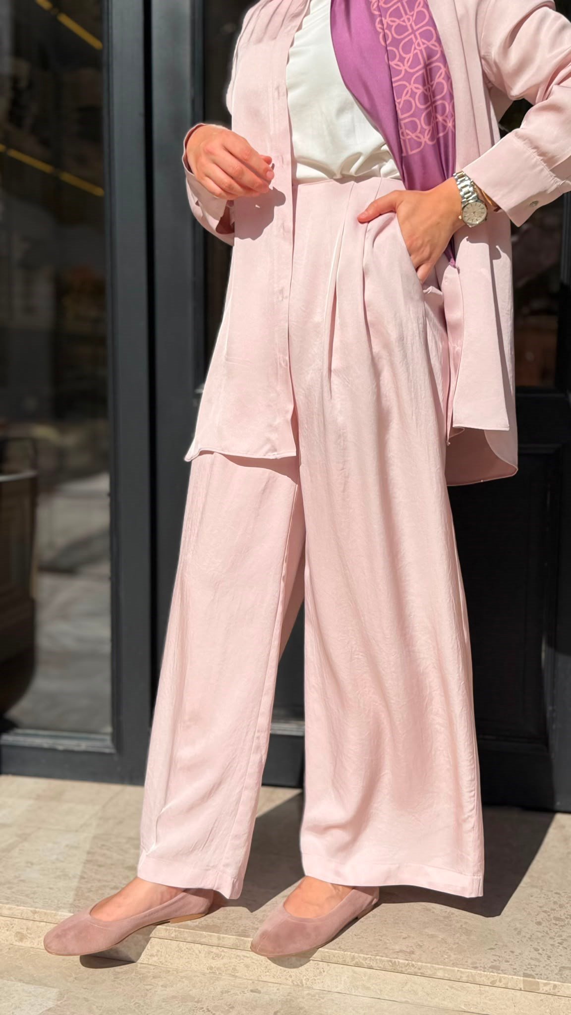 TD26Y04000008 Color Asetat Palazzo Kadın Pantolon Pudra Pembe