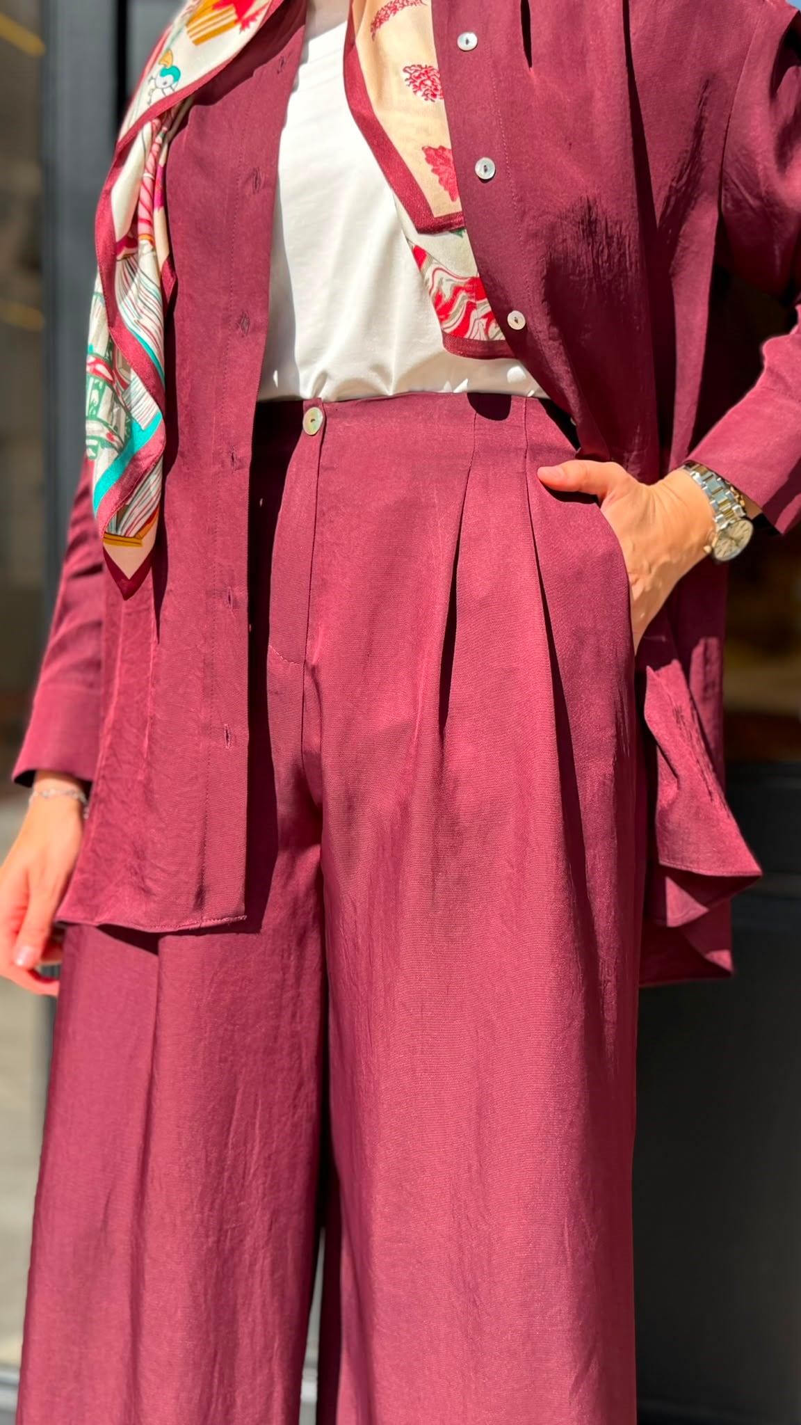 TD26Y04000008 Color Asetat Palazzo Kadın Pantolon Bordo