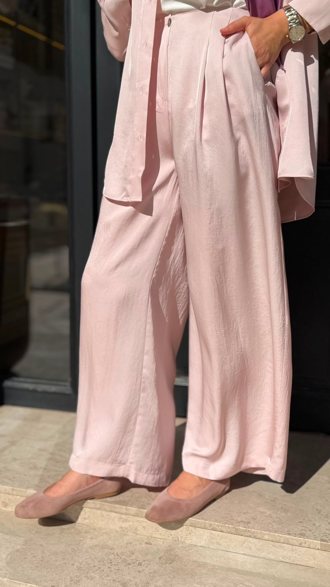 TD26Y04000008 Color Asetat Palazzo Kadın Pantolon Pudra Pembe