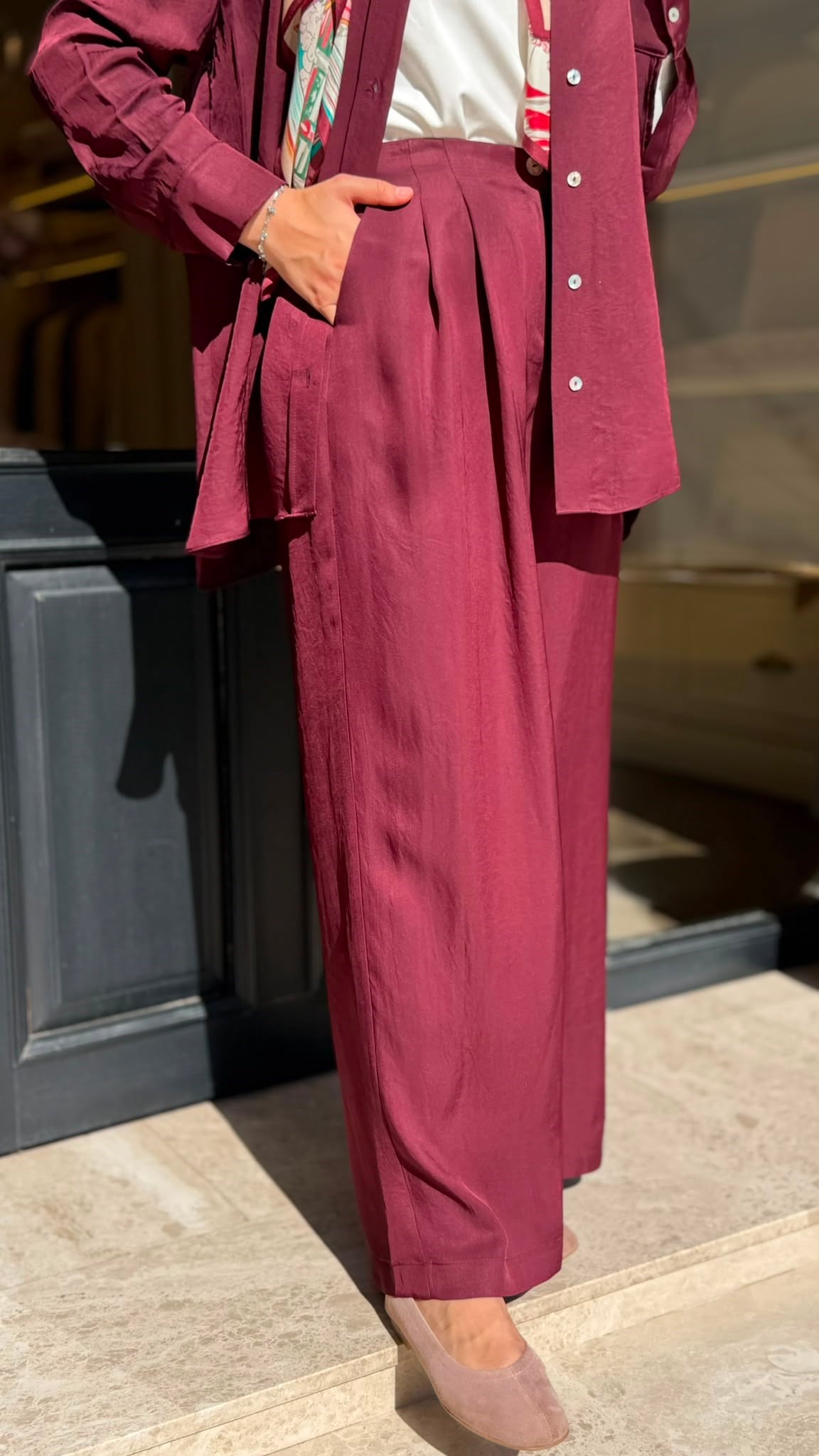 TD26Y04000008 Color Asetat Palazzo Kadın Pantolon Bordo
