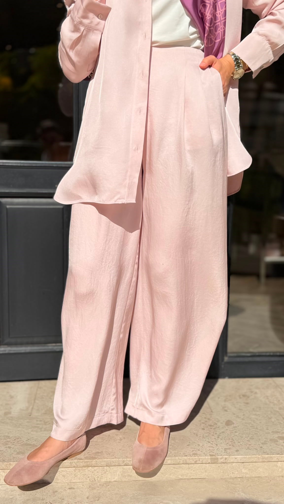 TD26Y04000008 Color Asetat Palazzo Kadın Pantolon Pudra Pembe