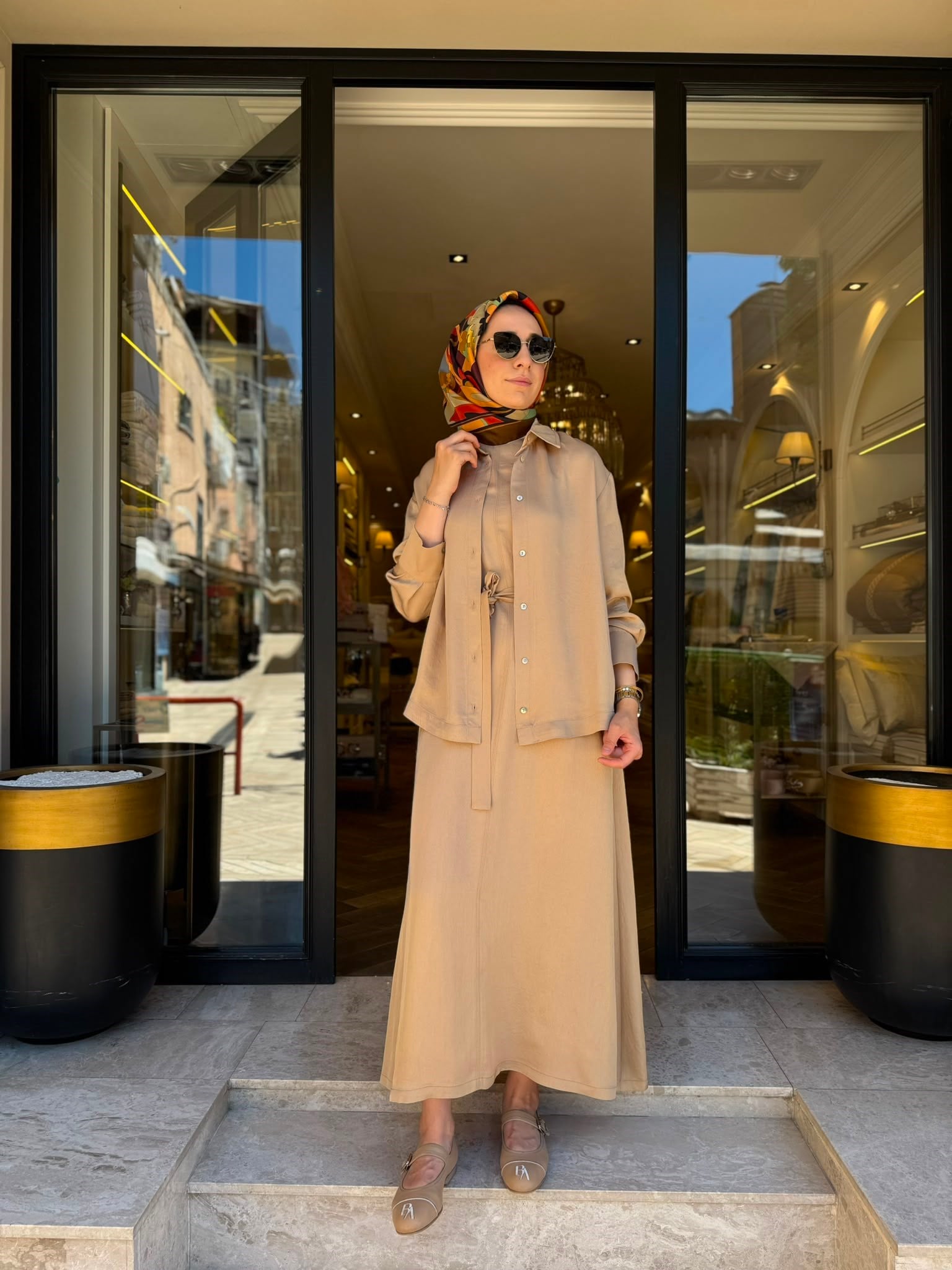 TD26Y05000112 Praty Asetat Kolsuz Kadın Elbise Gömlek Camel