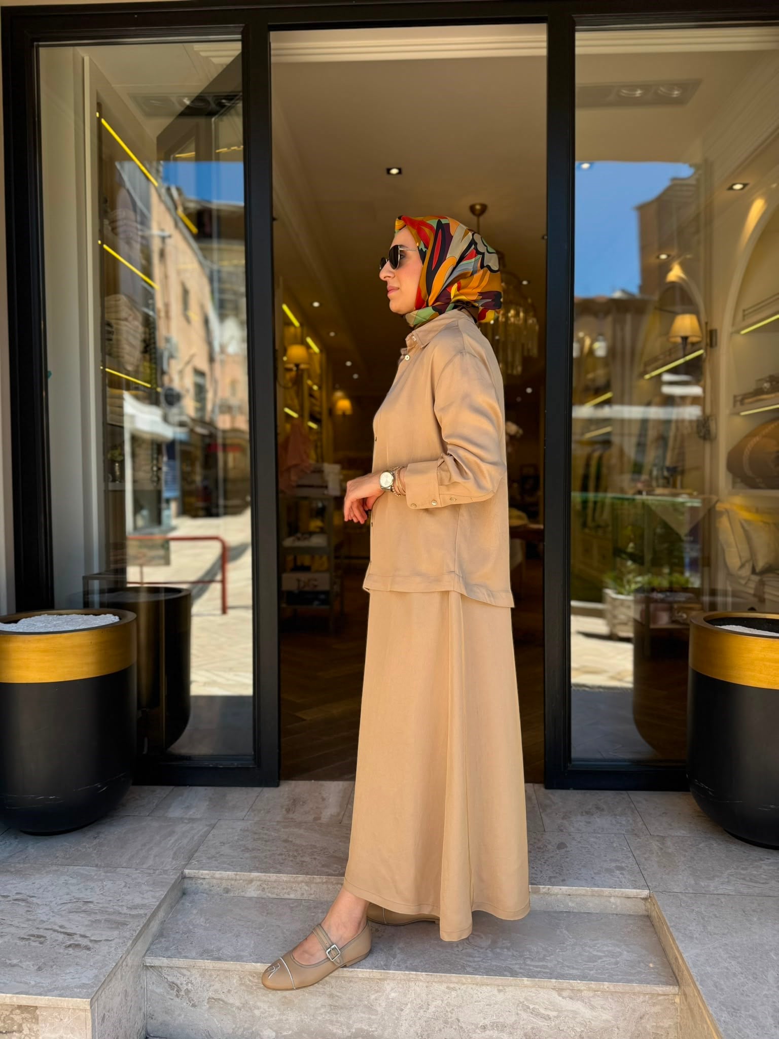 TD26Y05000112 Praty Asetat Kolsuz Kadın Elbise Gömlek Camel
