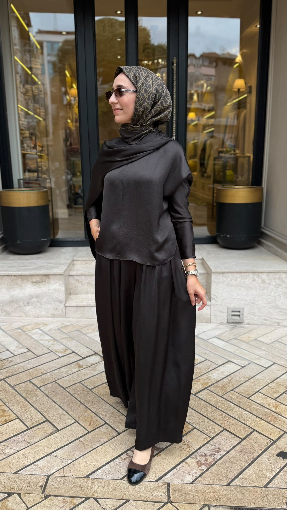 TD26Y05000115 Elna Asetat Pantolonlu Takım Acı Kahve