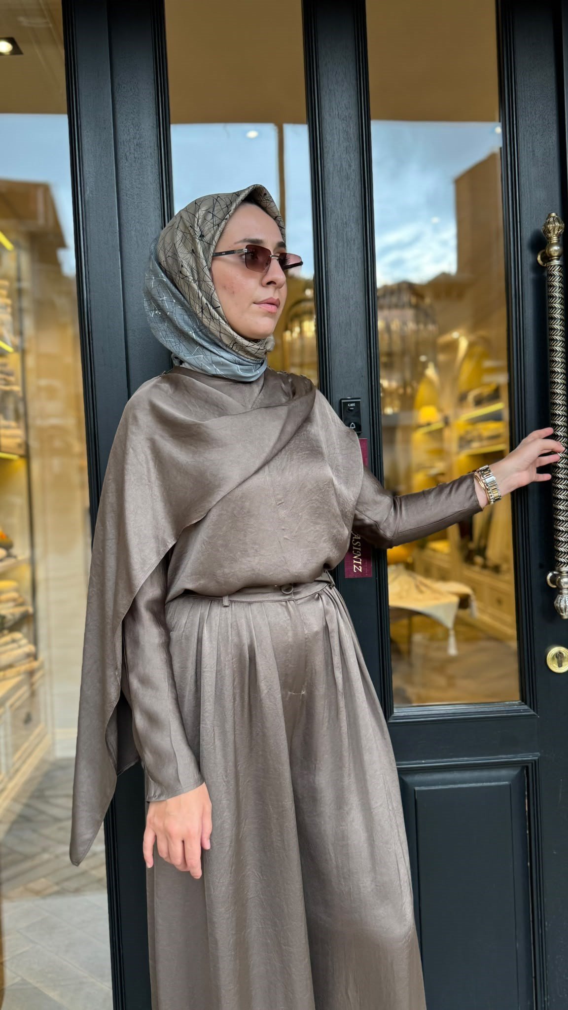 TD26Y05000115 Elna Asetat Pantolonlu Takım Vizon